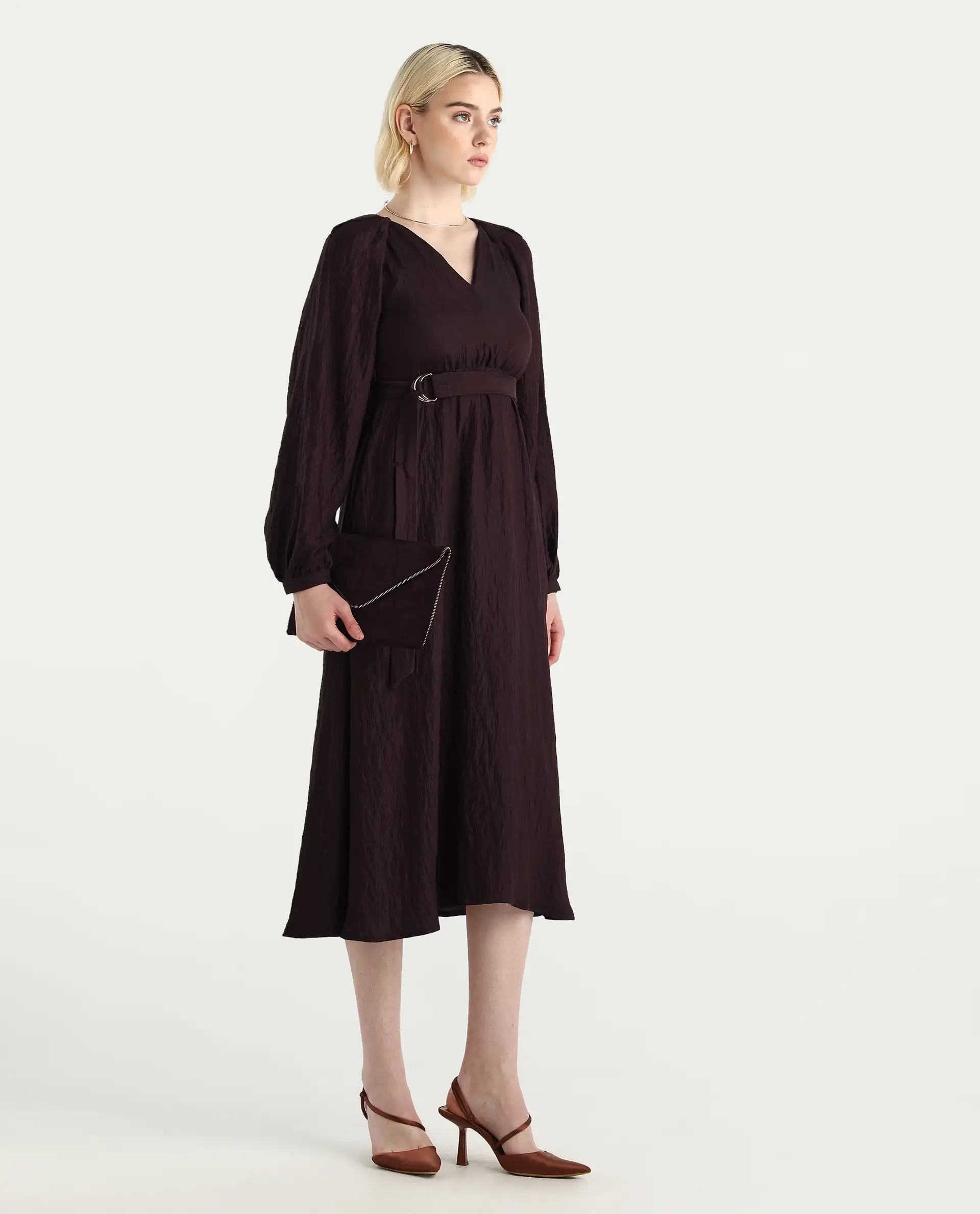 Rareism Women's Jumi Dark Brown Viscose Blend Raglan Sleeves V-Neck Flared Fit Plain Dress - Image 6
