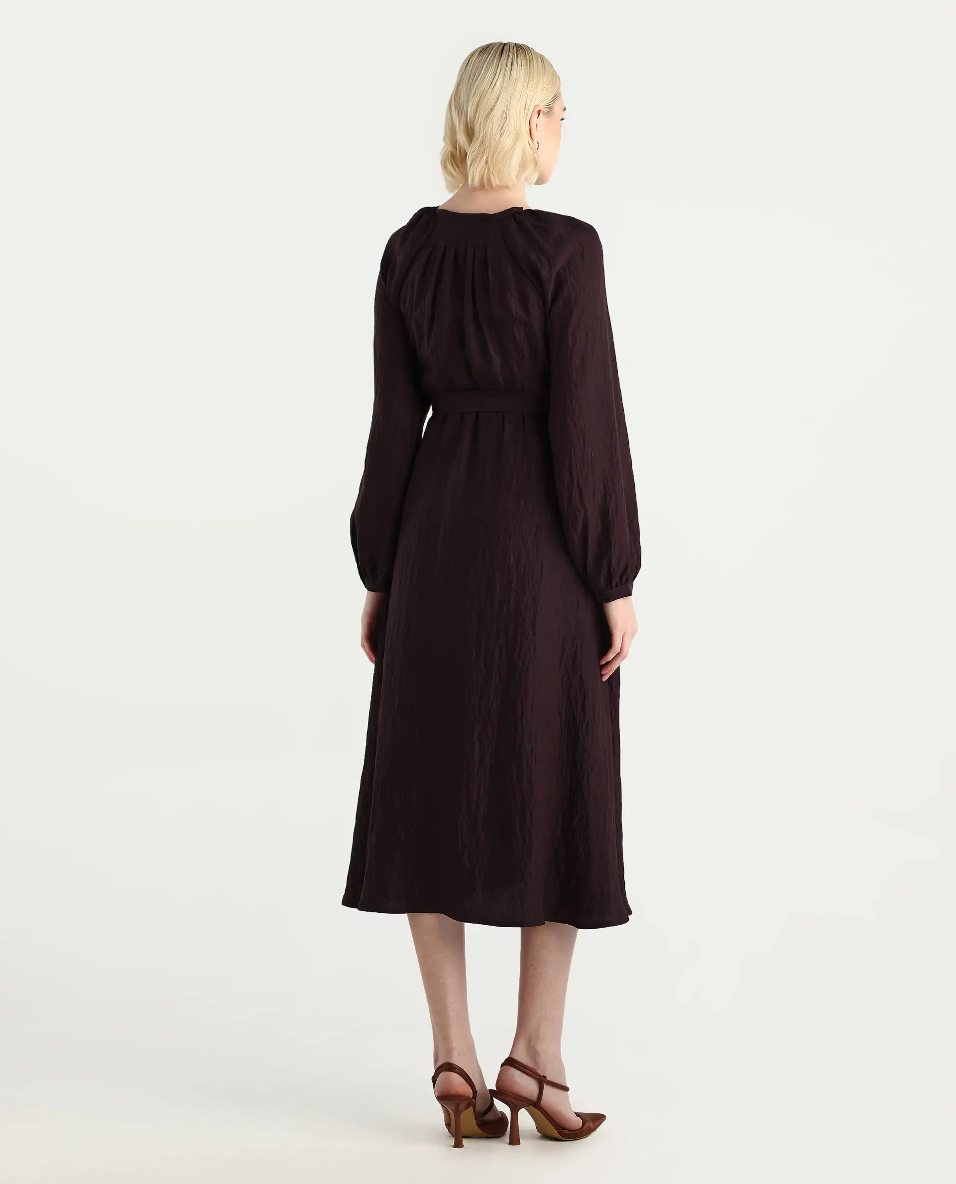 Rareism Women's Jumi Dark Brown Viscose Blend Raglan Sleeves V-Neck Flared Fit Plain Dress - Image 7