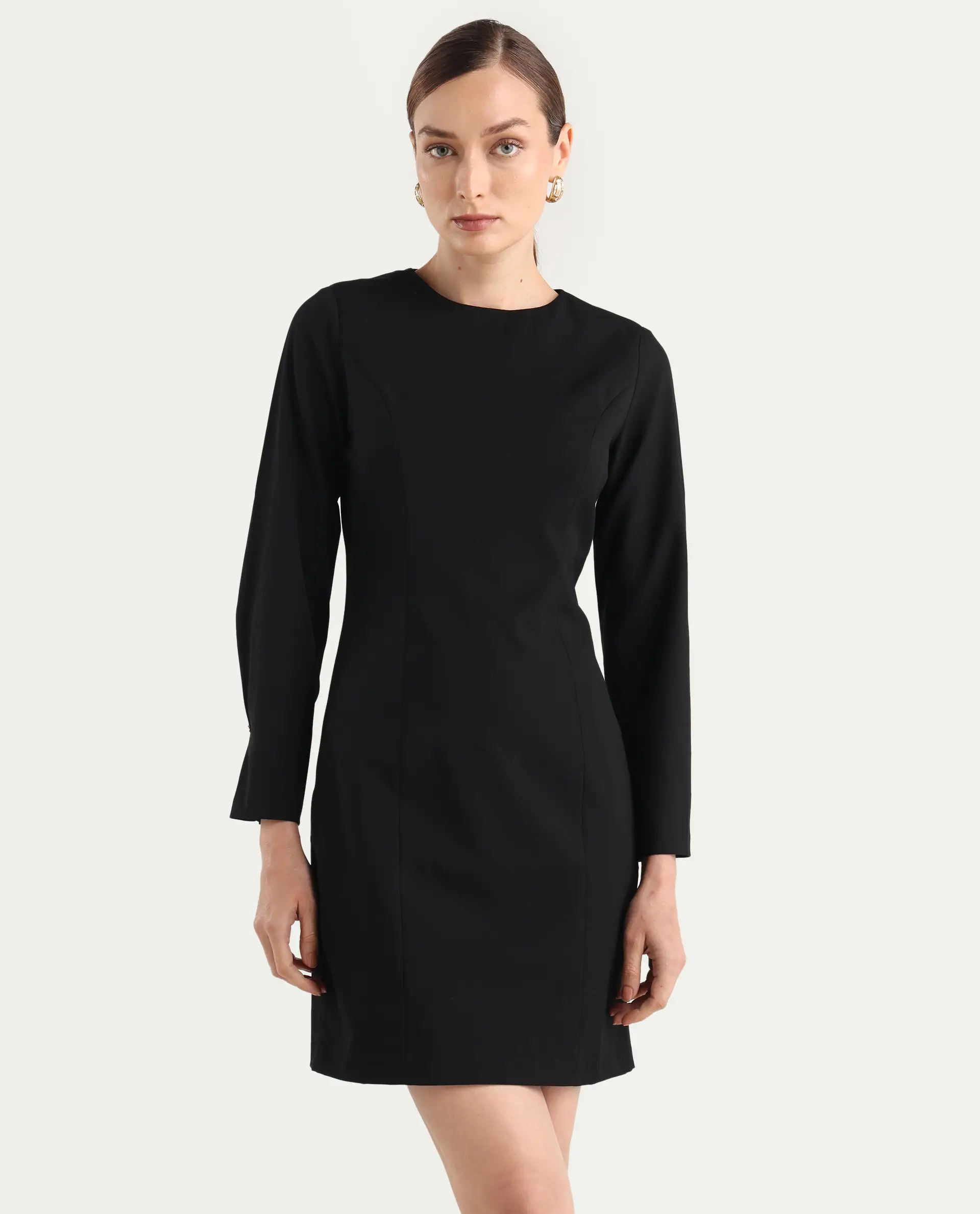 Rareism Women Juna Black Polyester Blend Solid Fitted Dress