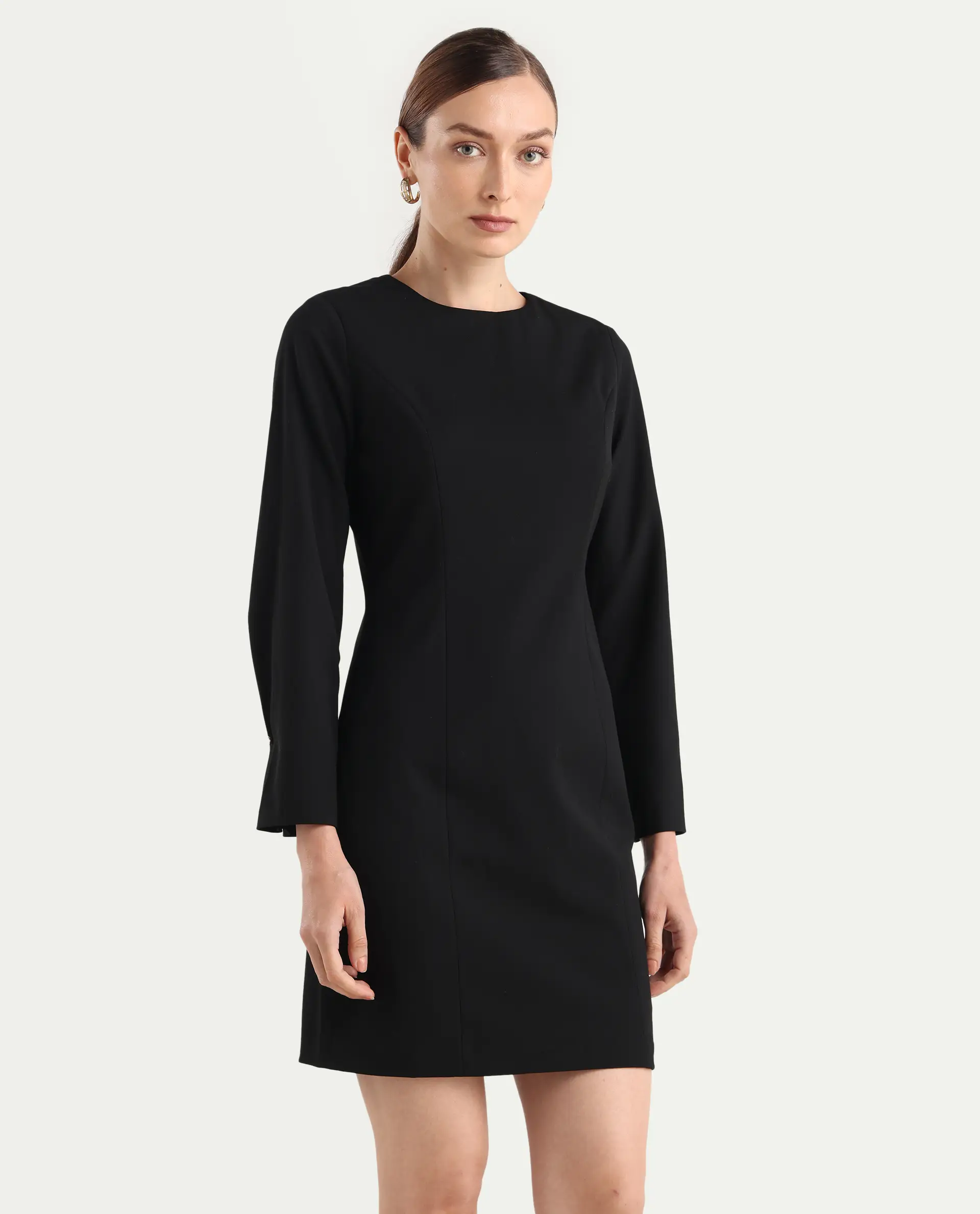Rareism Women Juna Black Polyester Blend Solid Fitted Dress - Image 5