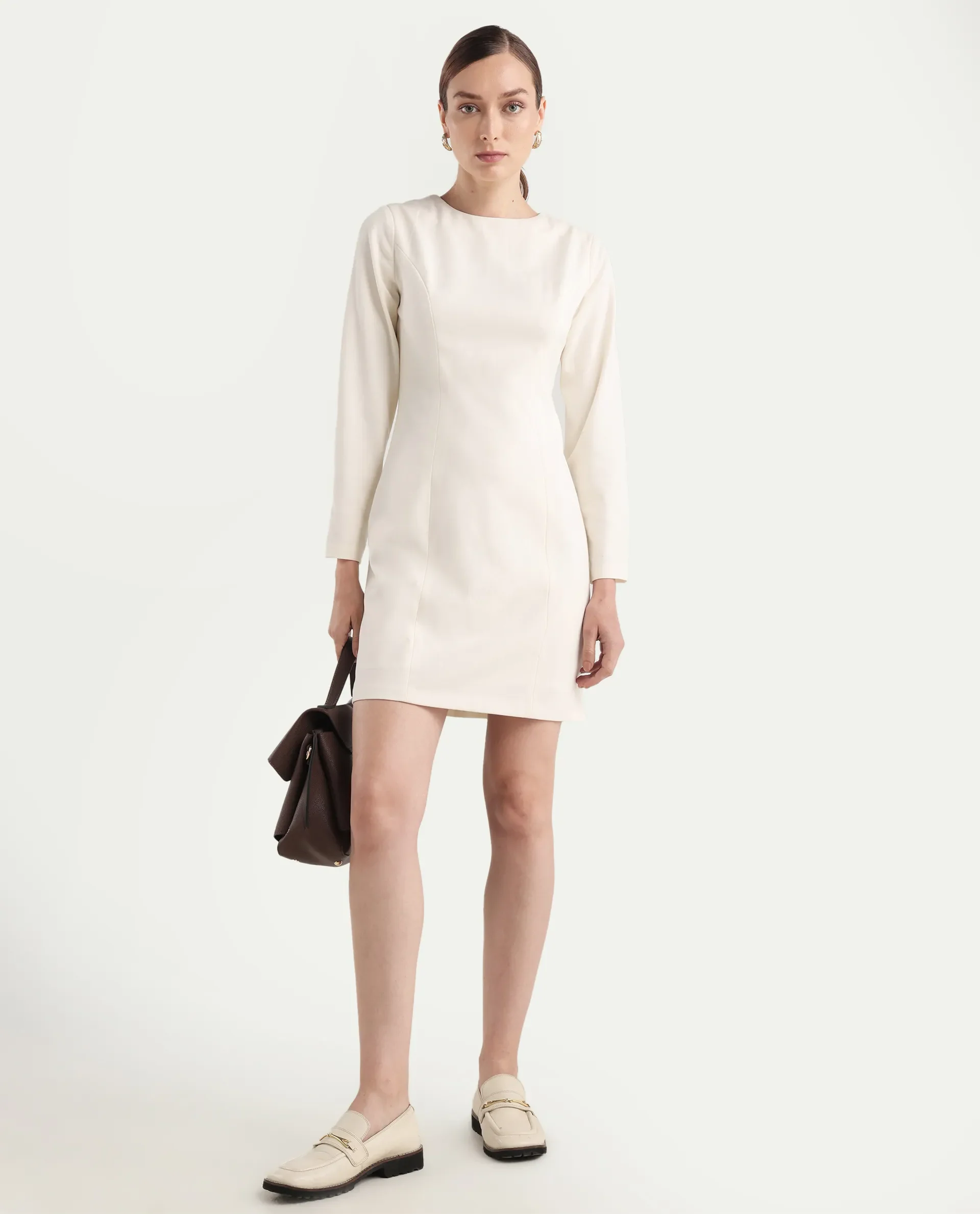 Rareism Women's Juna Off White Polyester Blend Full Sleeve Crew Neck Fitted Dress - Image 2