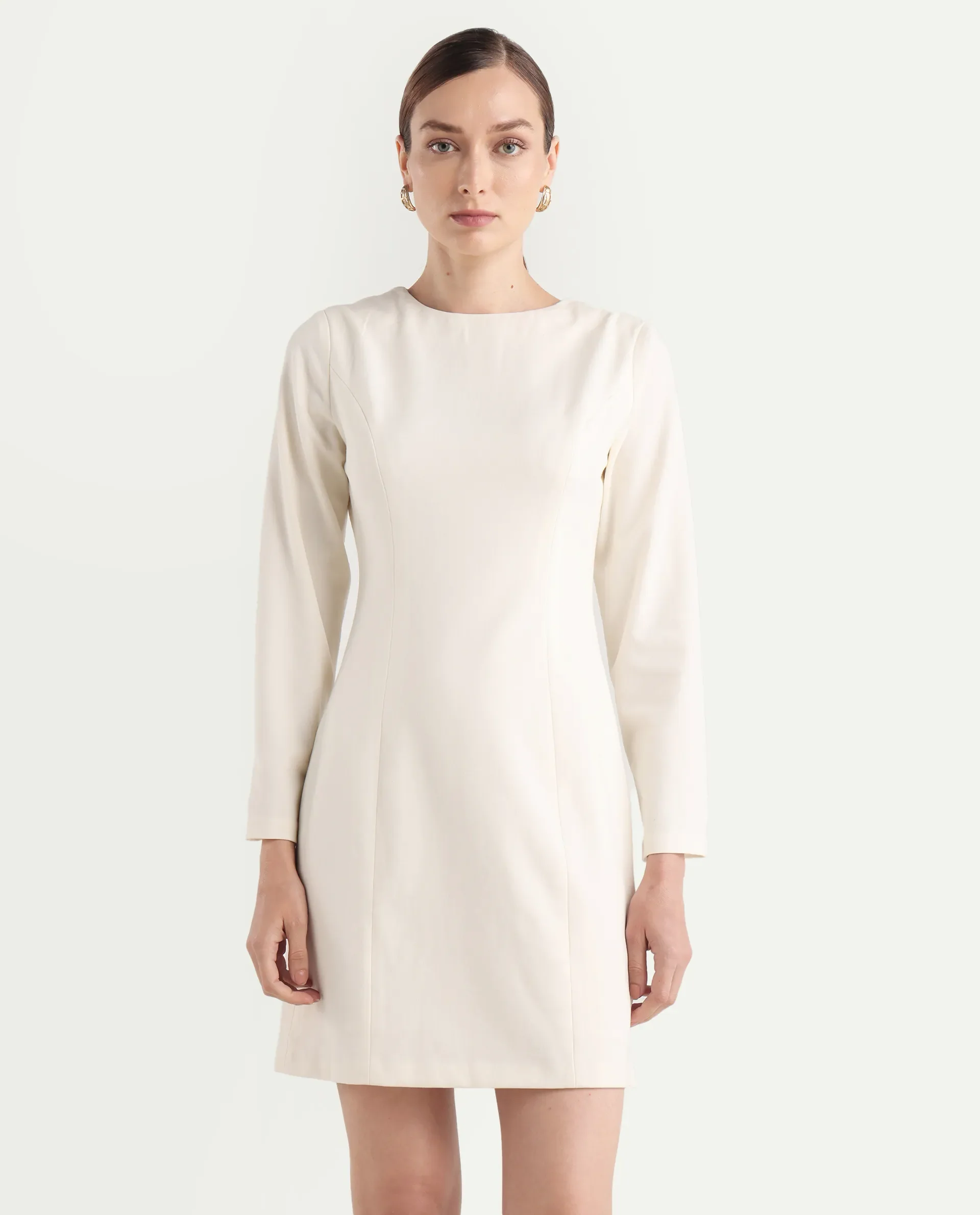 Rareism Women's Juna Off White Polyester Blend Full Sleeve Crew Neck Fitted Dress - Image 3