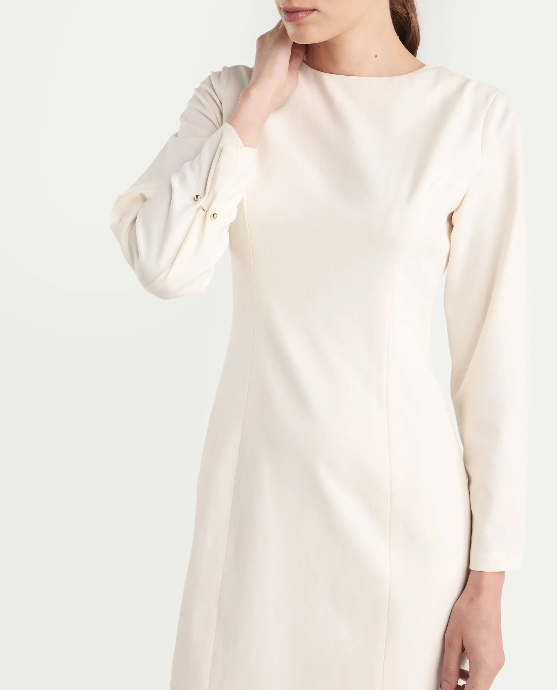 Rareism Women's Juna Off White Polyester Blend Full Sleeve Crew Neck Fitted Dress - Image 4