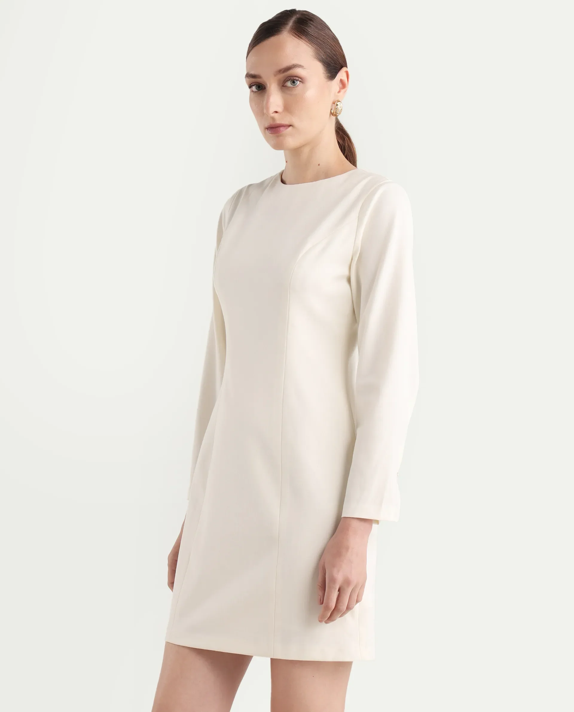 Rareism Women's Juna Off White Polyester Blend Full Sleeve Crew Neck Fitted Dress - Image 5