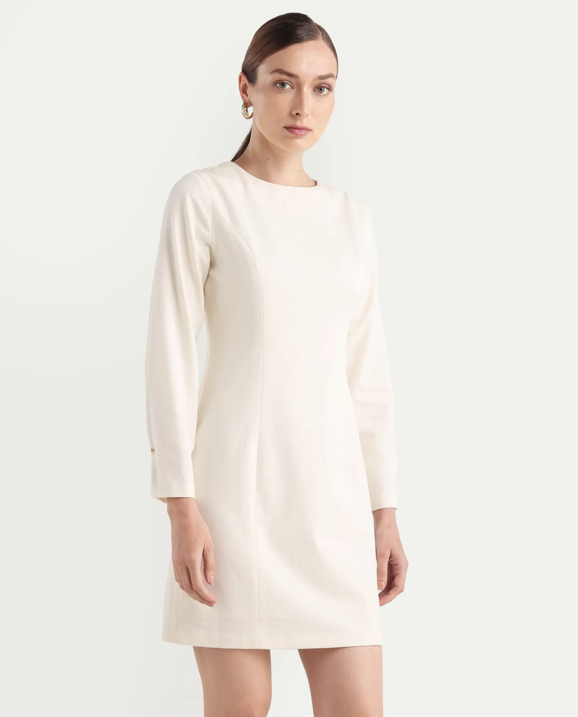 Rareism Women's Juna Off White Polyester Blend Full Sleeve Crew Neck Fitted Dress - Image 6