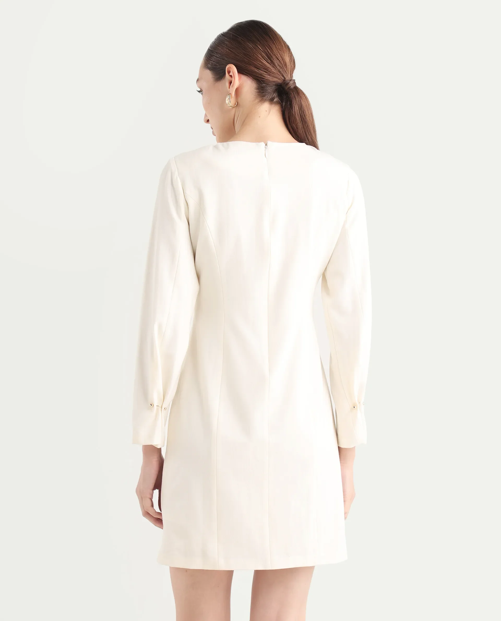 Rareism Women's Juna Off White Polyester Blend Full Sleeve Crew Neck Fitted Dress - Image 7
