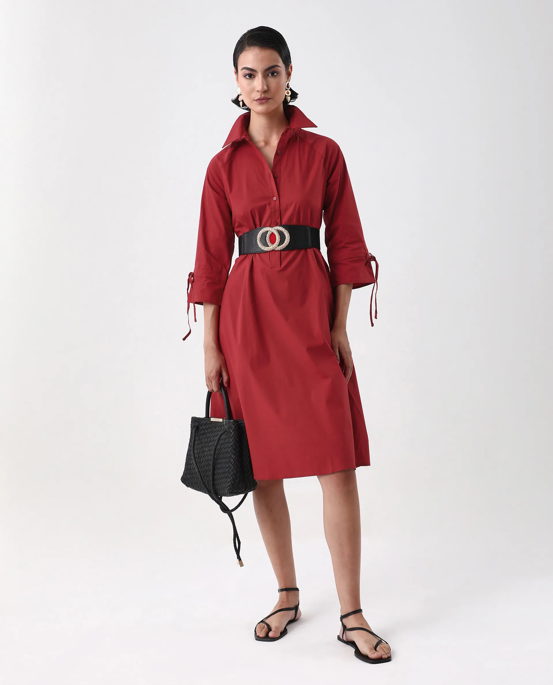 Rareism Women's Junb Dark Rust Cotton Blend Drop Collar Plain Raglan Sleeve Knee Length A-Line Dress