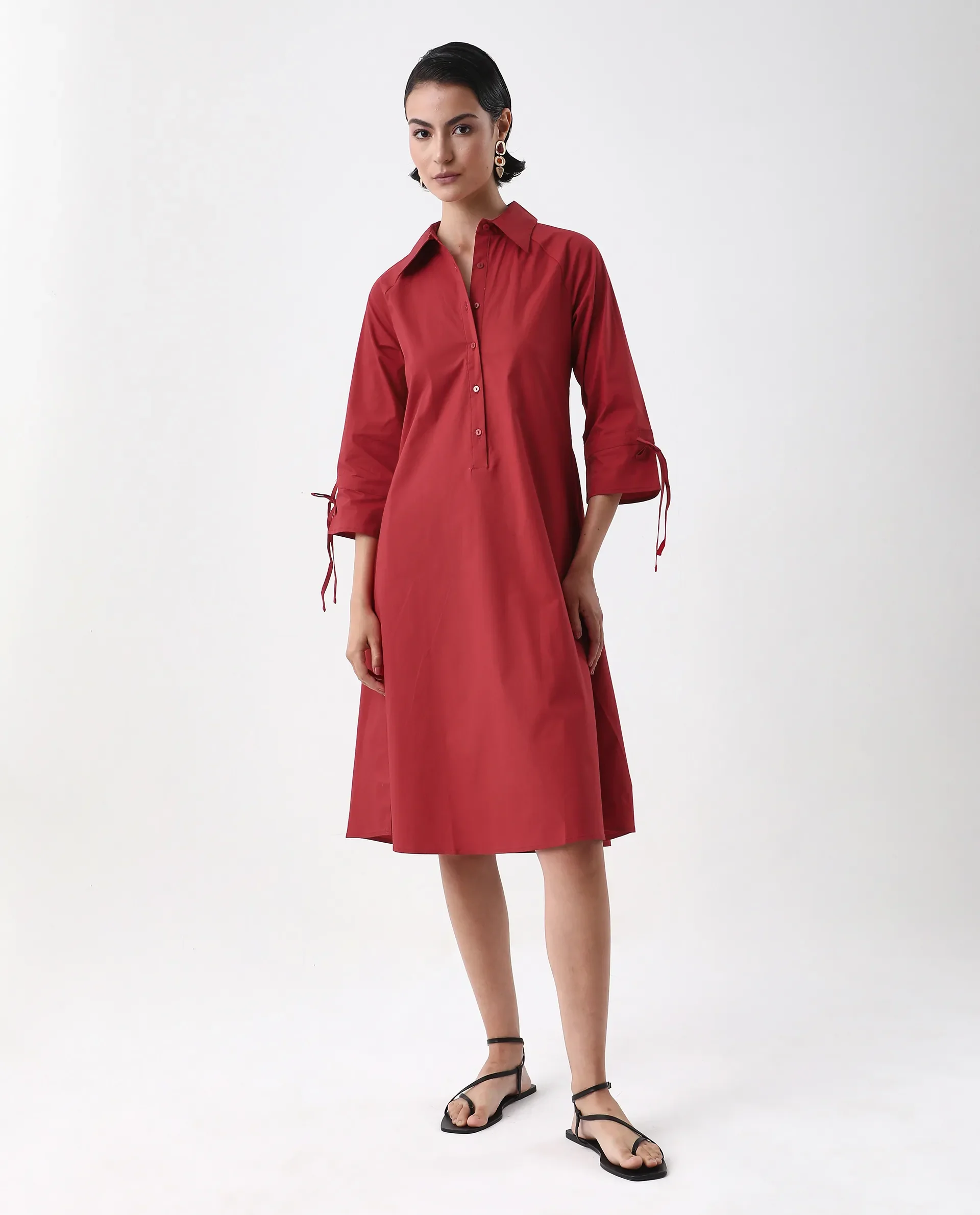 Rareism Women's Junb Dark Rust Cotton Blend Drop Collar Plain Raglan Sleeve Knee Length A-Line Dress - Image 2