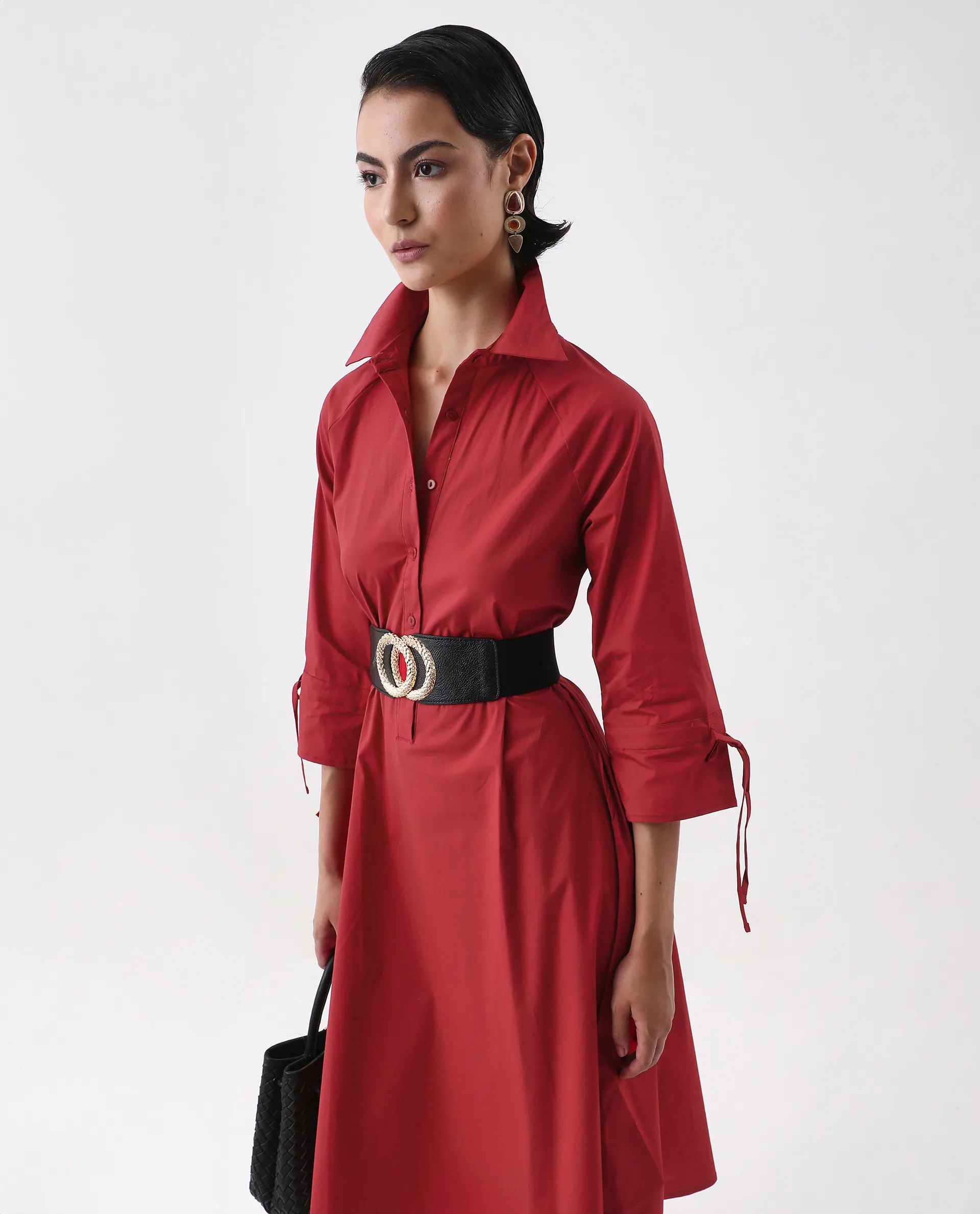 Rareism Women's Junb Dark Rust Cotton Blend Drop Collar Plain Raglan Sleeve Knee Length A-Line Dress - Image 4