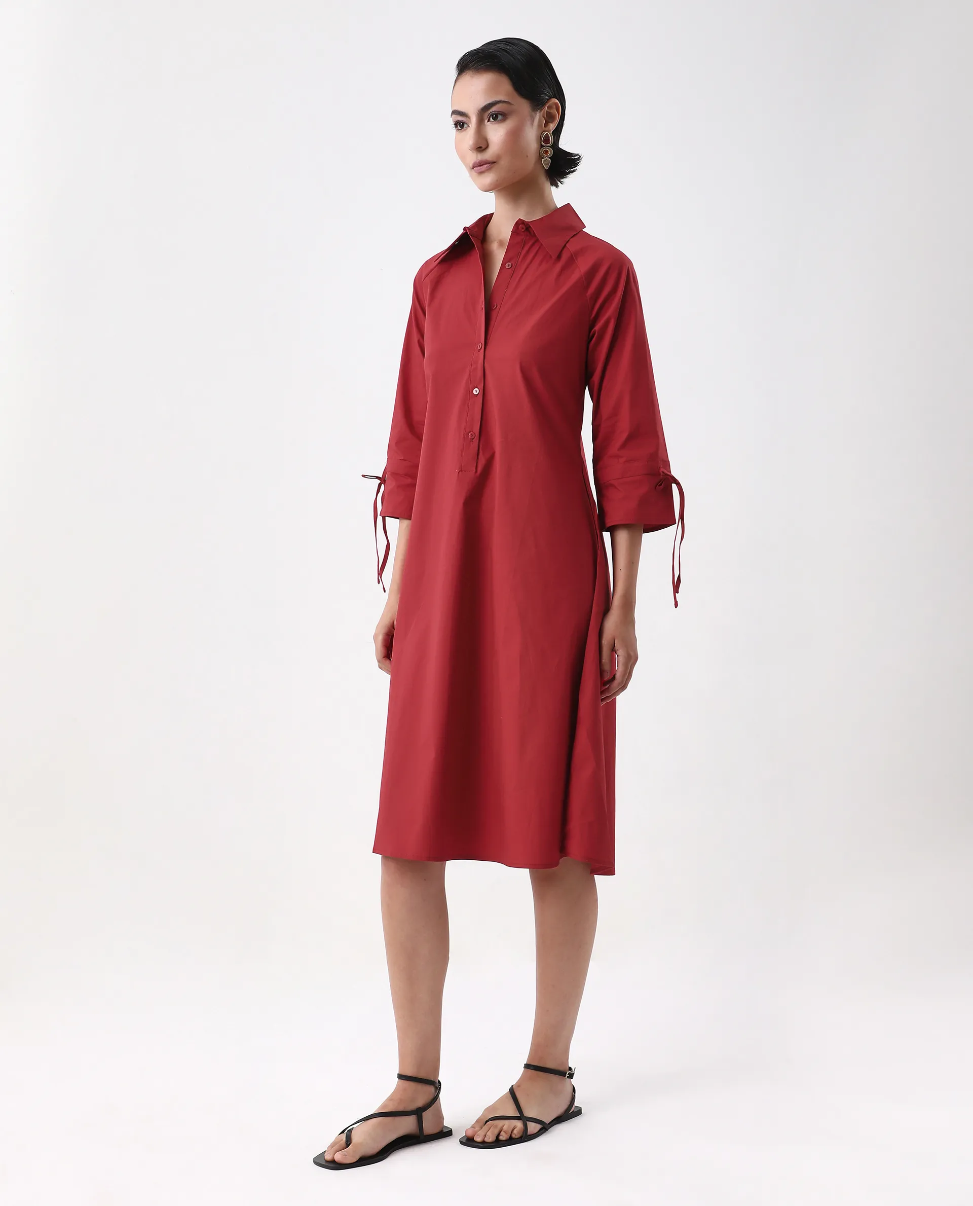 Rareism Women's Junb Dark Rust Cotton Blend Drop Collar Plain Raglan Sleeve Knee Length A-Line Dress - Image 5