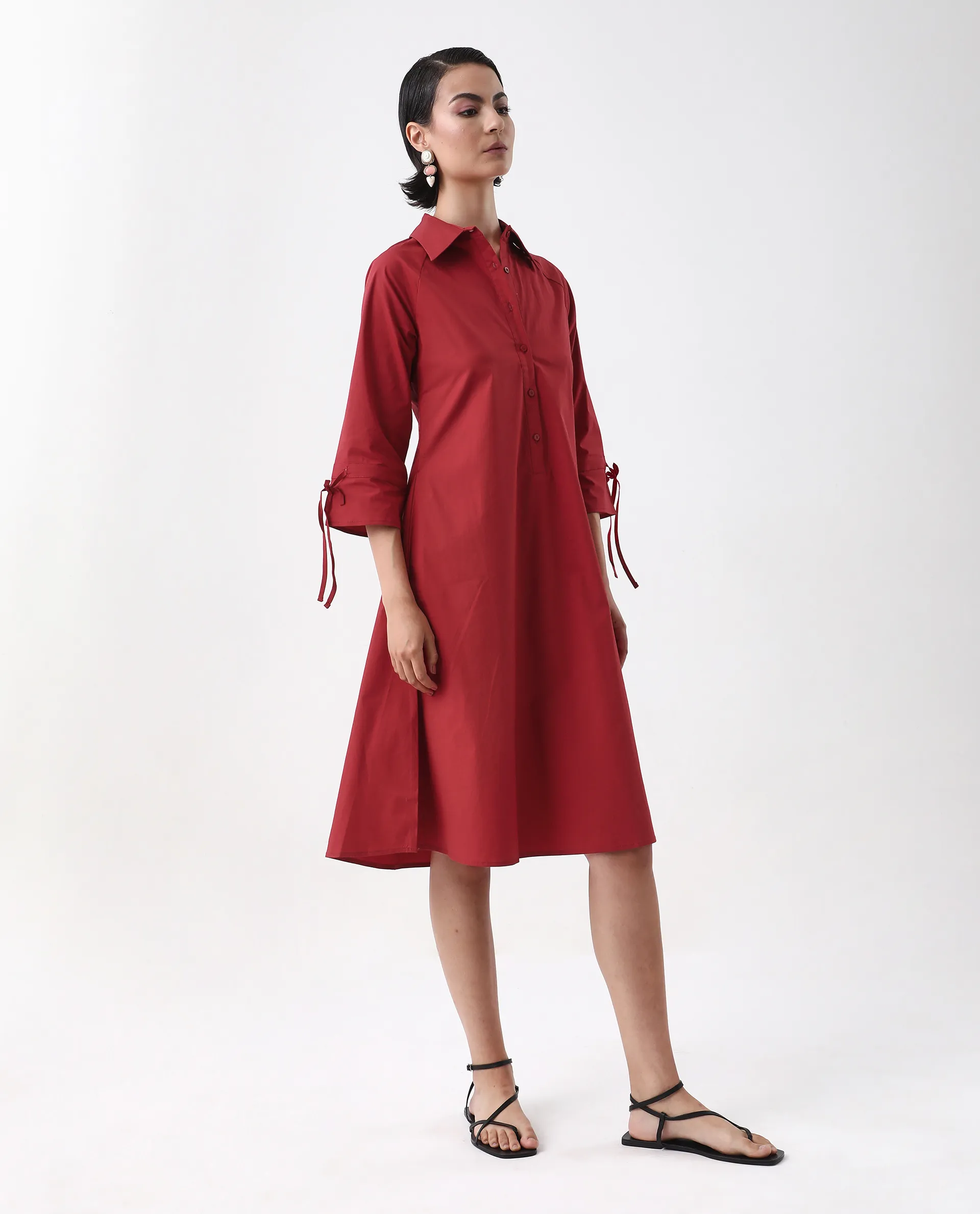 Rareism Women's Junb Dark Rust Cotton Blend Drop Collar Plain Raglan Sleeve Knee Length A-Line Dress - Image 6