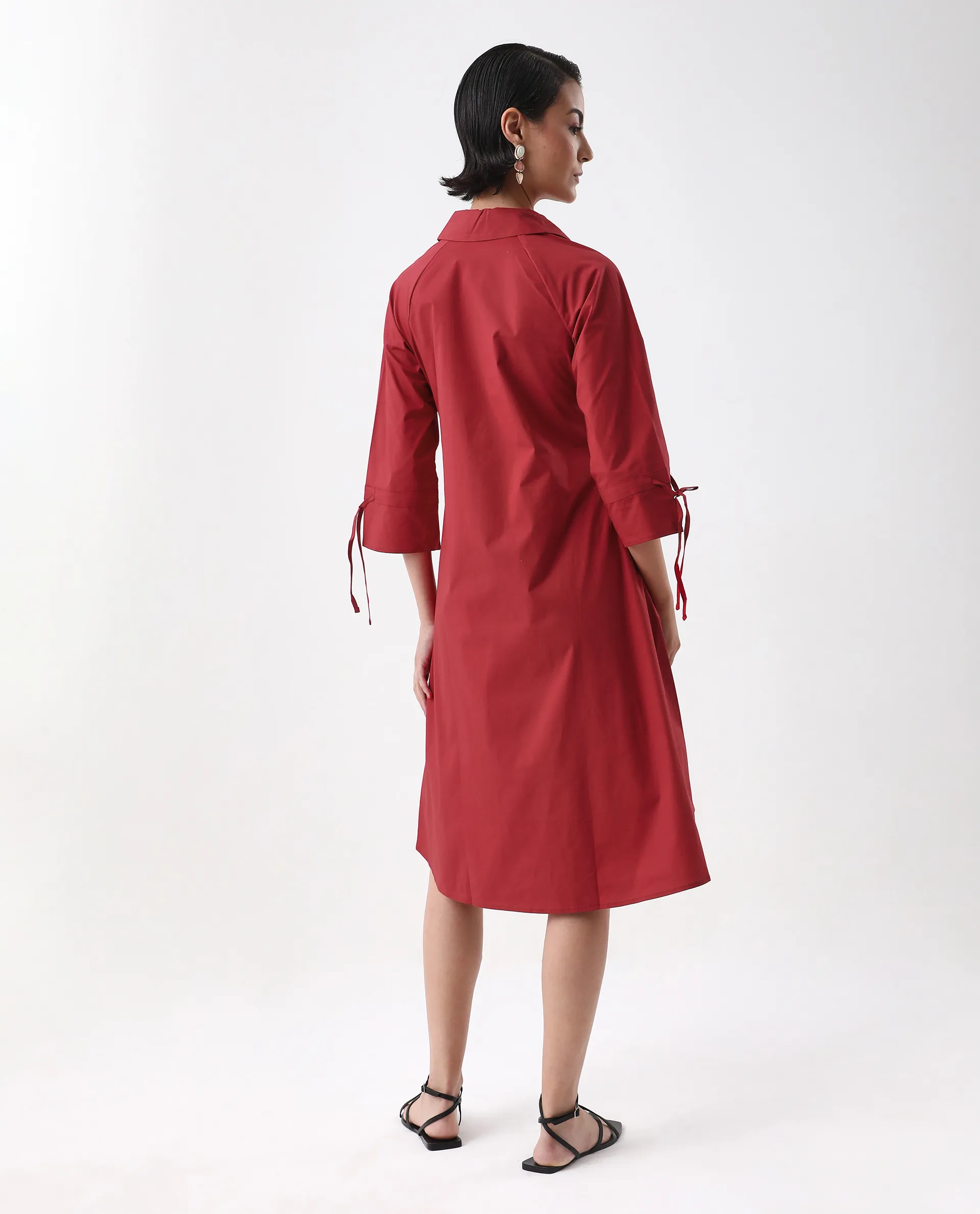 Rareism Women's Junb Dark Rust Cotton Blend Drop Collar Plain Raglan Sleeve Knee Length A-Line Dress - Image 7