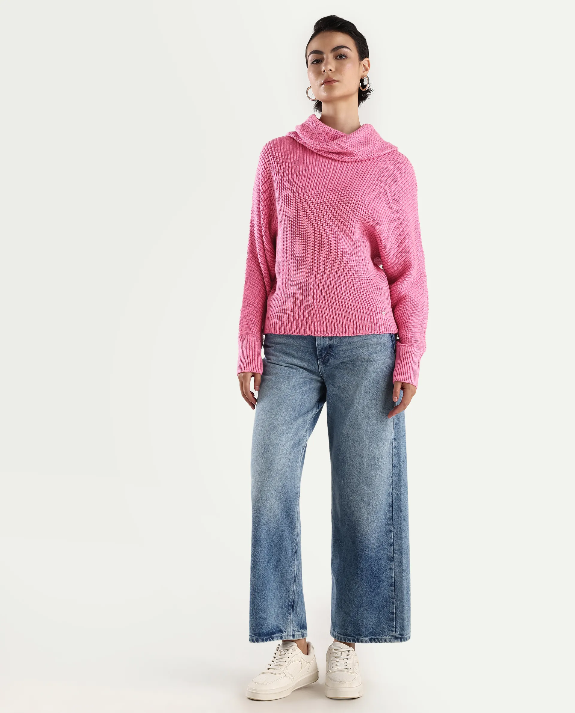 Rareism Women's June Pink Acrylic Turtle Neck Plain Kimono Sleeve Relaxed Fit Sweater - Image 2