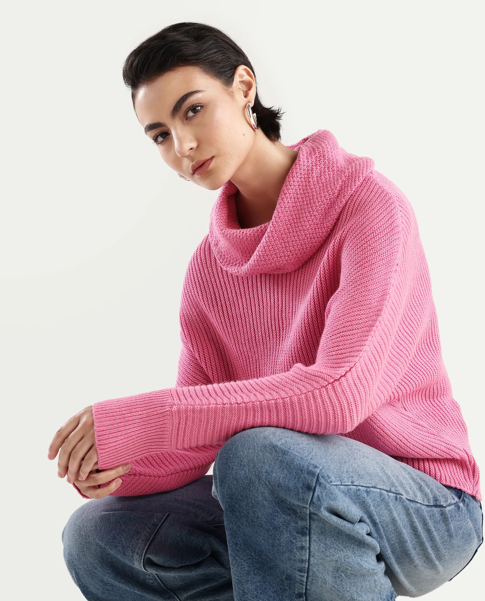Rareism Women's June Pink Acrylic Turtle Neck Plain Kimono Sleeve Relaxed Fit Sweater - Image 3