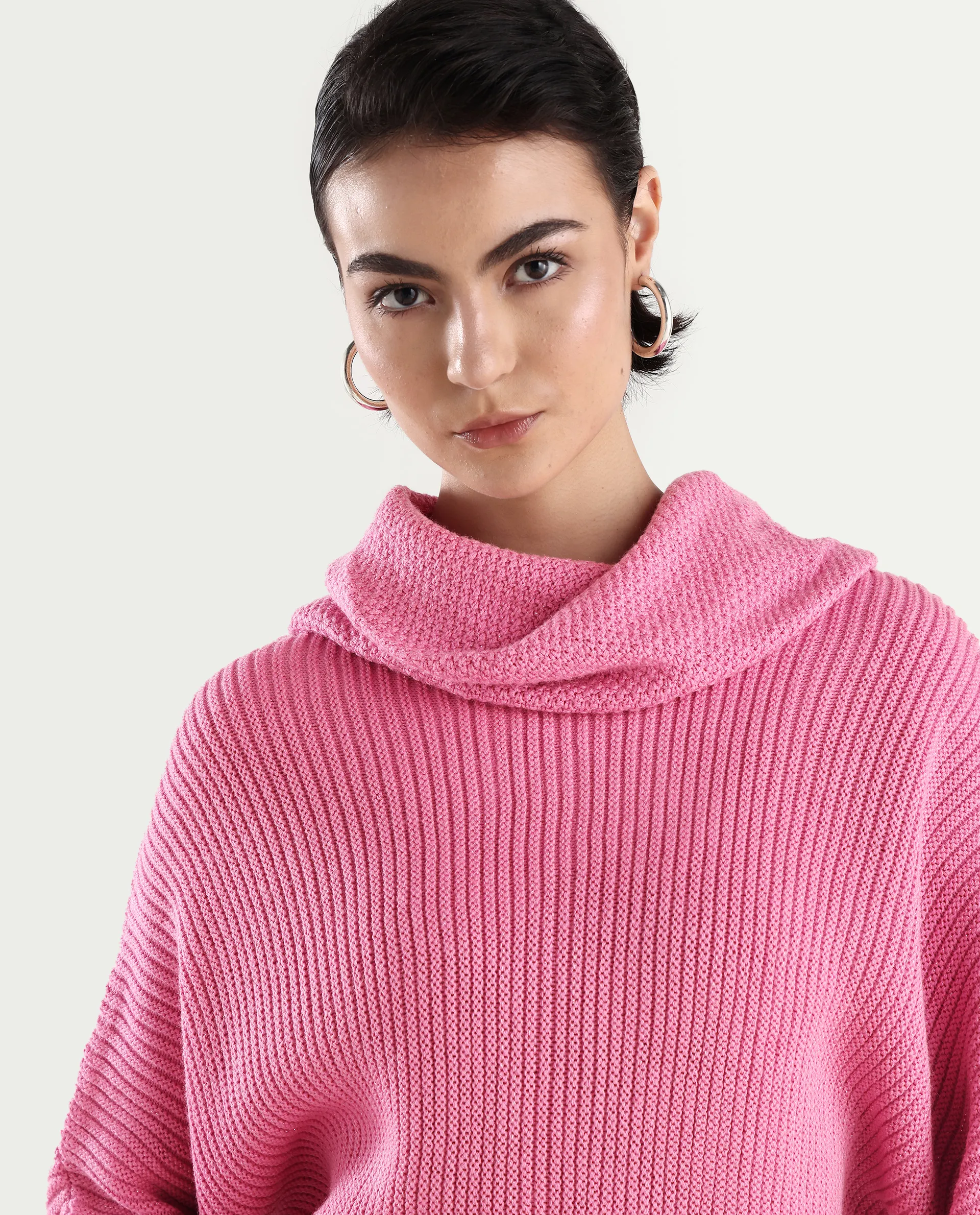 Rareism Women's June Pink Acrylic Turtle Neck Plain Kimono Sleeve Relaxed Fit Sweater - Image 4