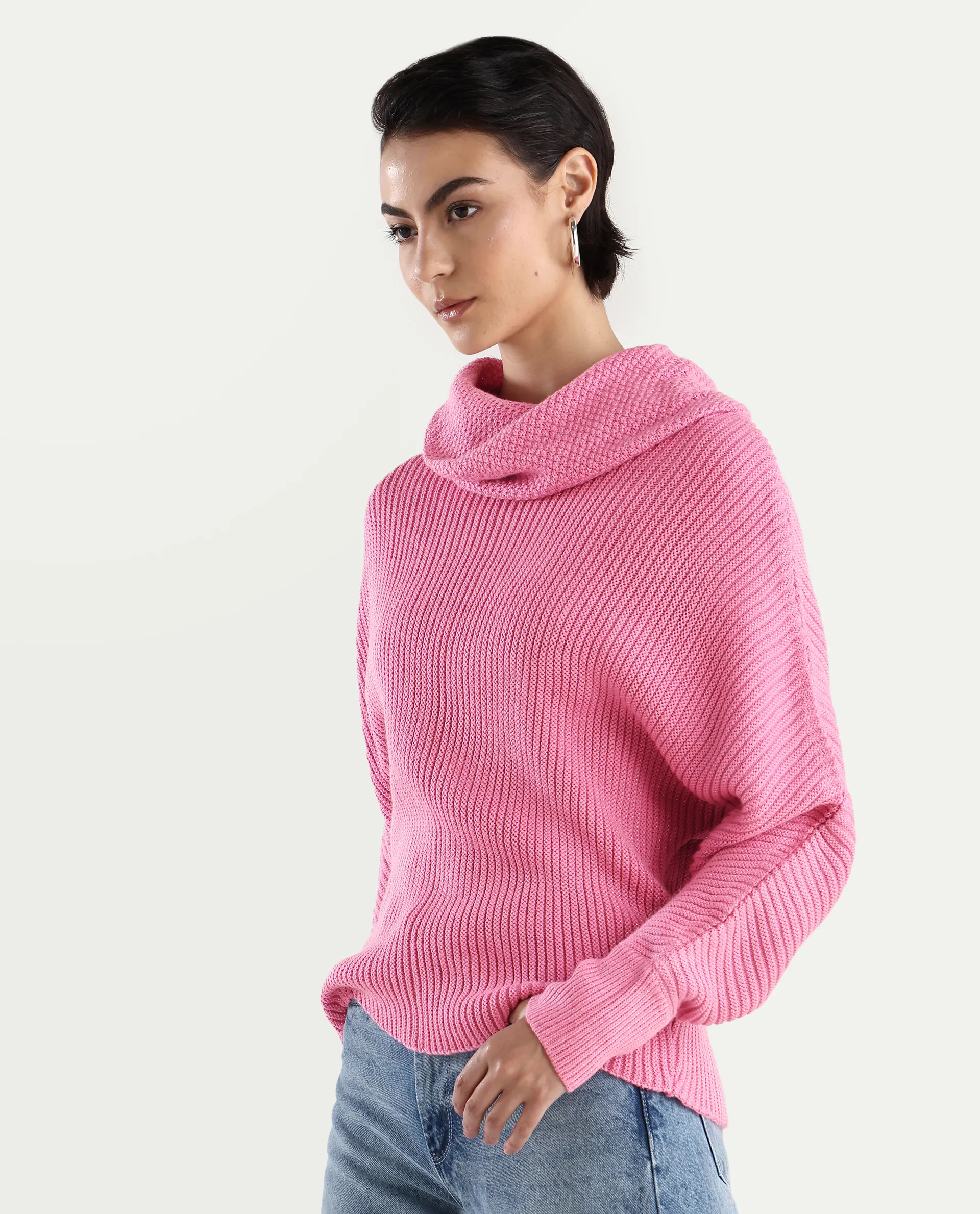 Rareism Women's June Pink Acrylic Turtle Neck Plain Kimono Sleeve Relaxed Fit Sweater - Image 5