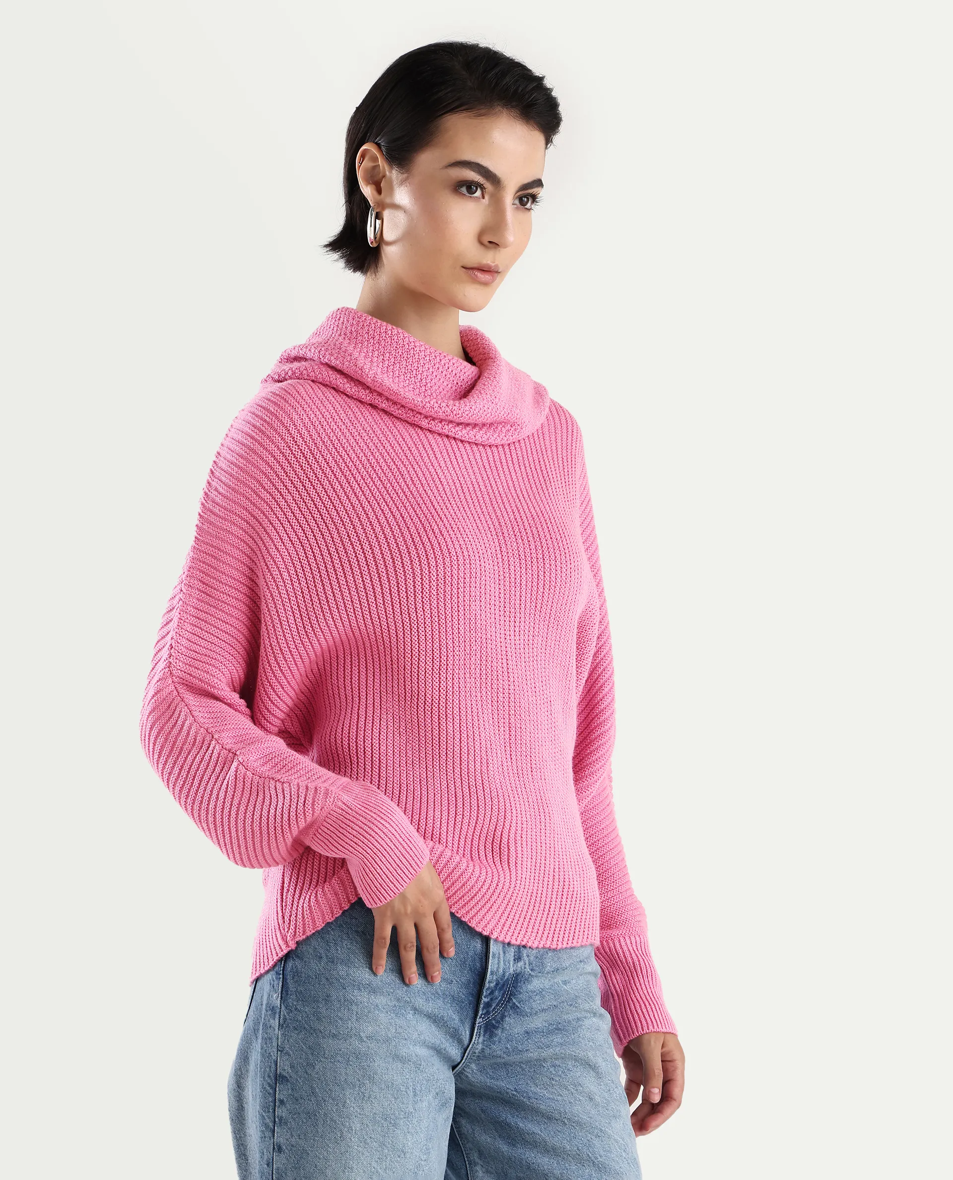 Rareism Women's June Pink Acrylic Turtle Neck Plain Kimono Sleeve Relaxed Fit Sweater - Image 6