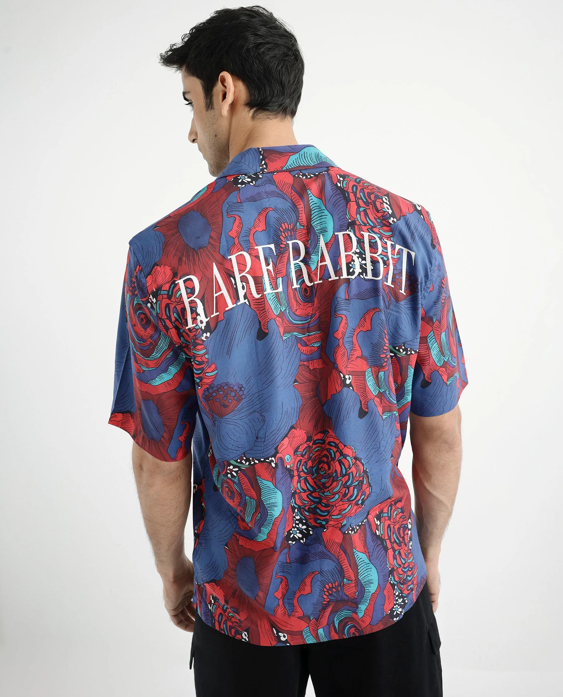 Rare Rabbit Men's Junee Blue Viscose Floral Print Boxy Fit Half Sleeve Cuban Collar Shirt
