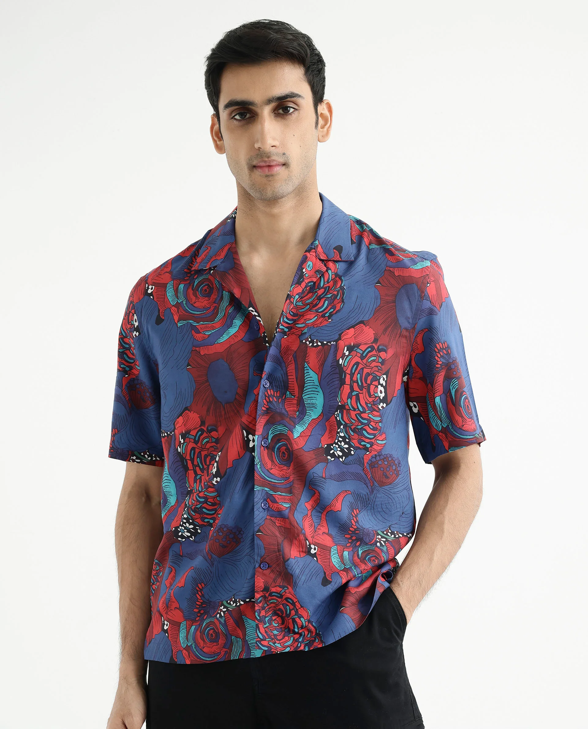 Rare Rabbit Men's Junee Blue Viscose Floral Print Boxy Fit Half Sleeve Cuban Collar Shirt - Image 2