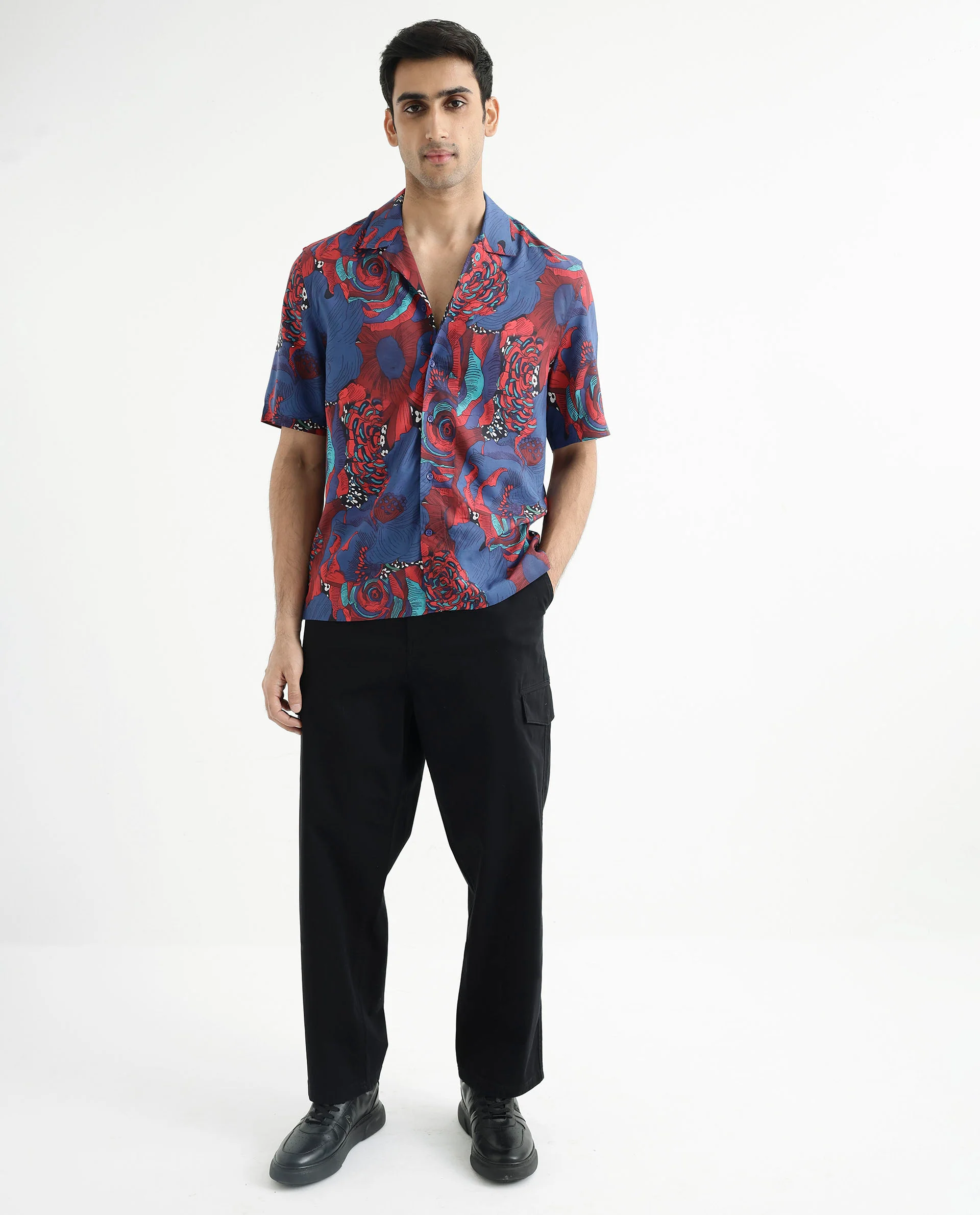 Rare Rabbit Men's Junee Blue Viscose Floral Print Boxy Fit Half Sleeve Cuban Collar Shirt - Image 3