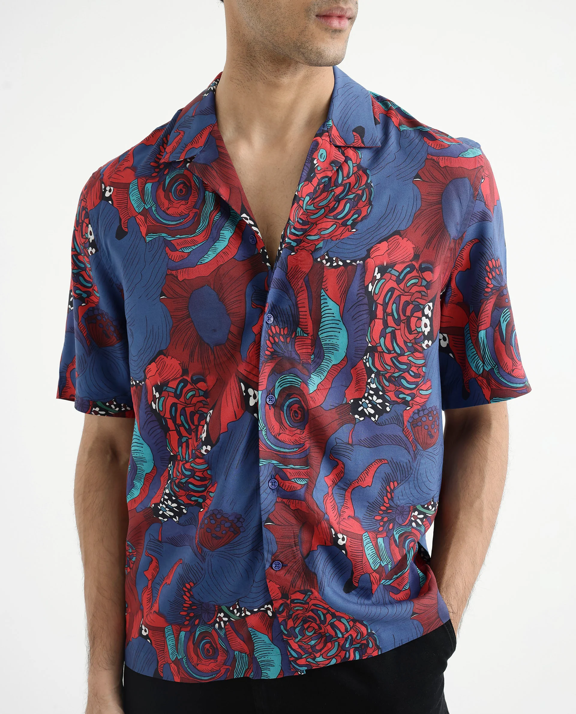 Rare Rabbit Men's Junee Blue Viscose Floral Print Boxy Fit Half Sleeve Cuban Collar Shirt - Image 4