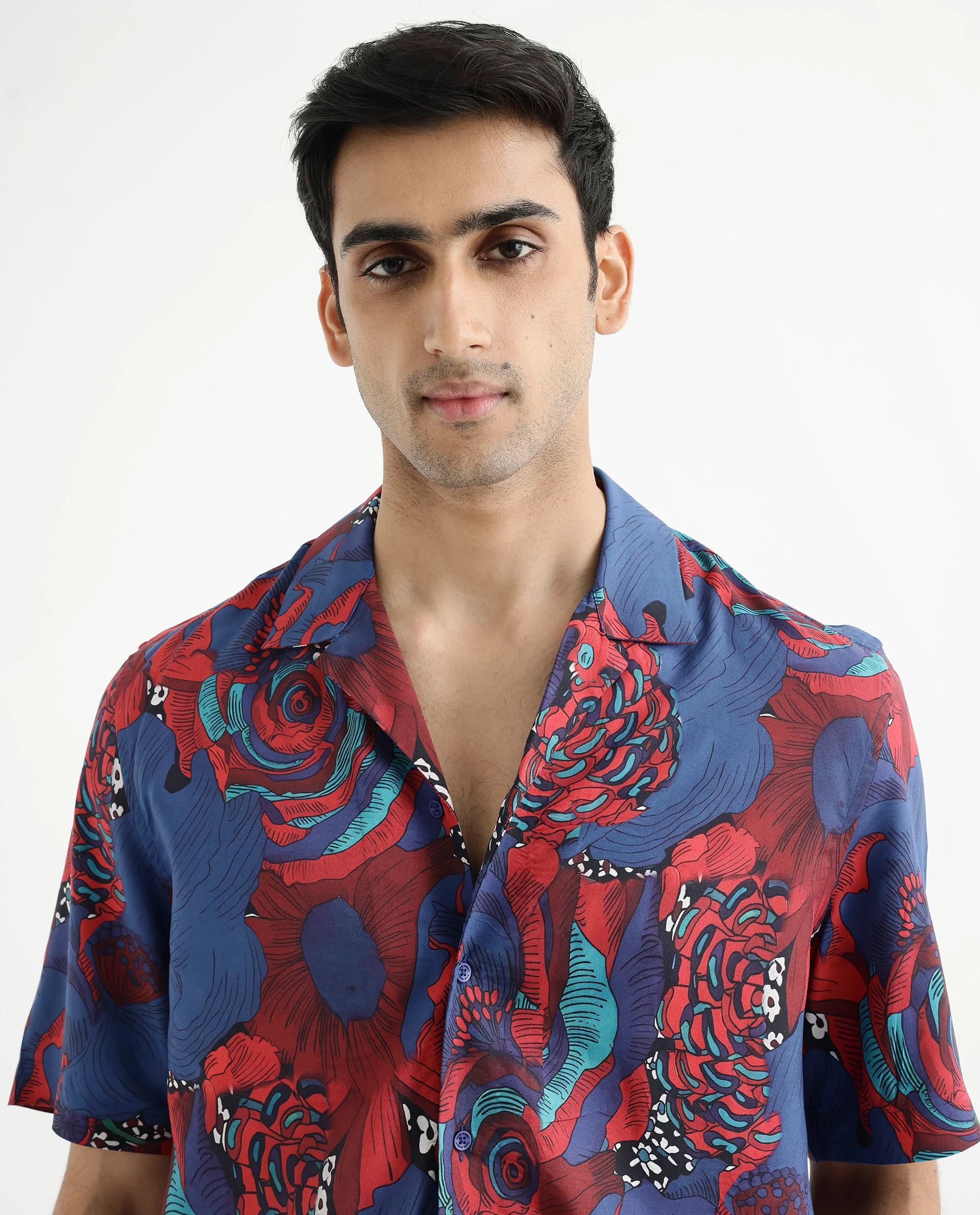 Rare Rabbit Men's Junee Blue Viscose Floral Print Boxy Fit Half Sleeve Cuban Collar Shirt - Image 5