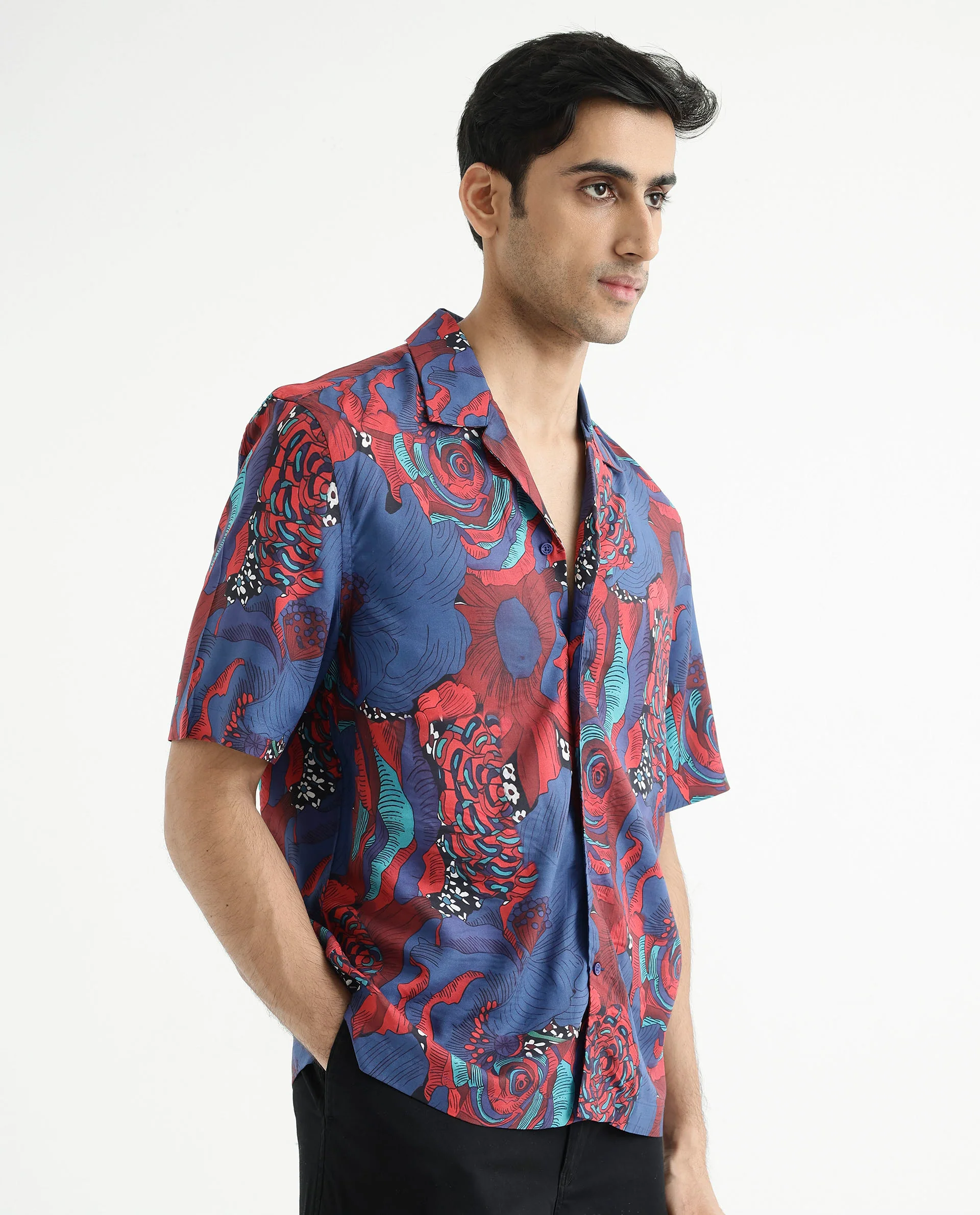 Rare Rabbit Men's Junee Blue Viscose Floral Print Boxy Fit Half Sleeve Cuban Collar Shirt - Image 6