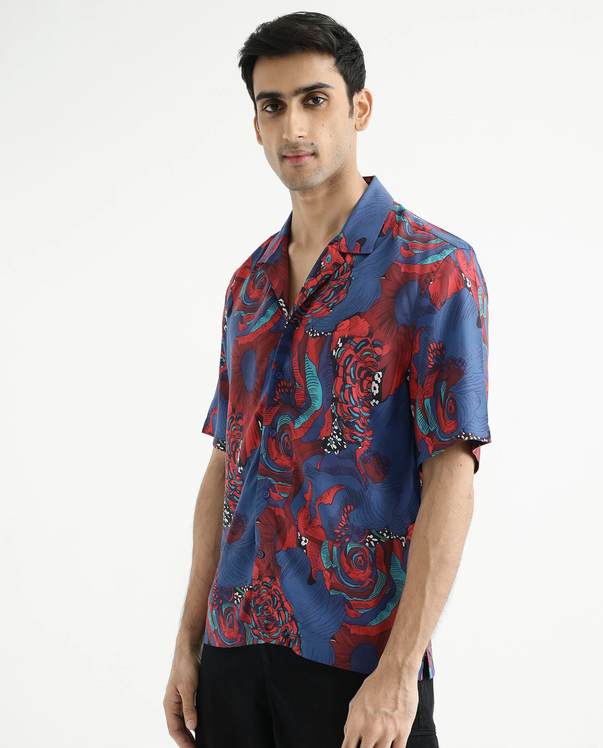 Rare Rabbit Men's Junee Blue Viscose Floral Print Boxy Fit Half Sleeve Cuban Collar Shirt - Image 8
