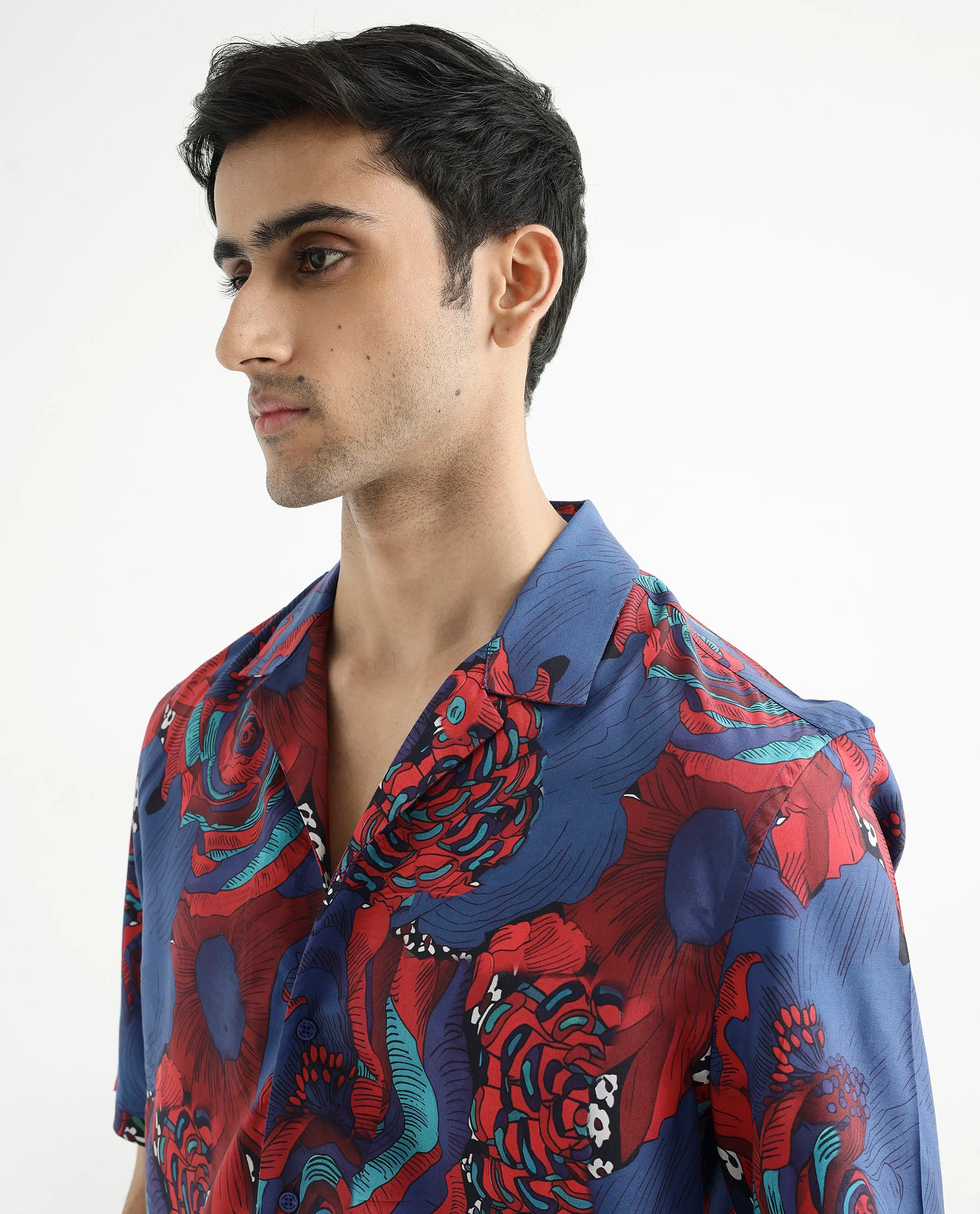 Rare Rabbit Men's Junee Blue Viscose Floral Print Boxy Fit Half Sleeve Cuban Collar Shirt - Image 9