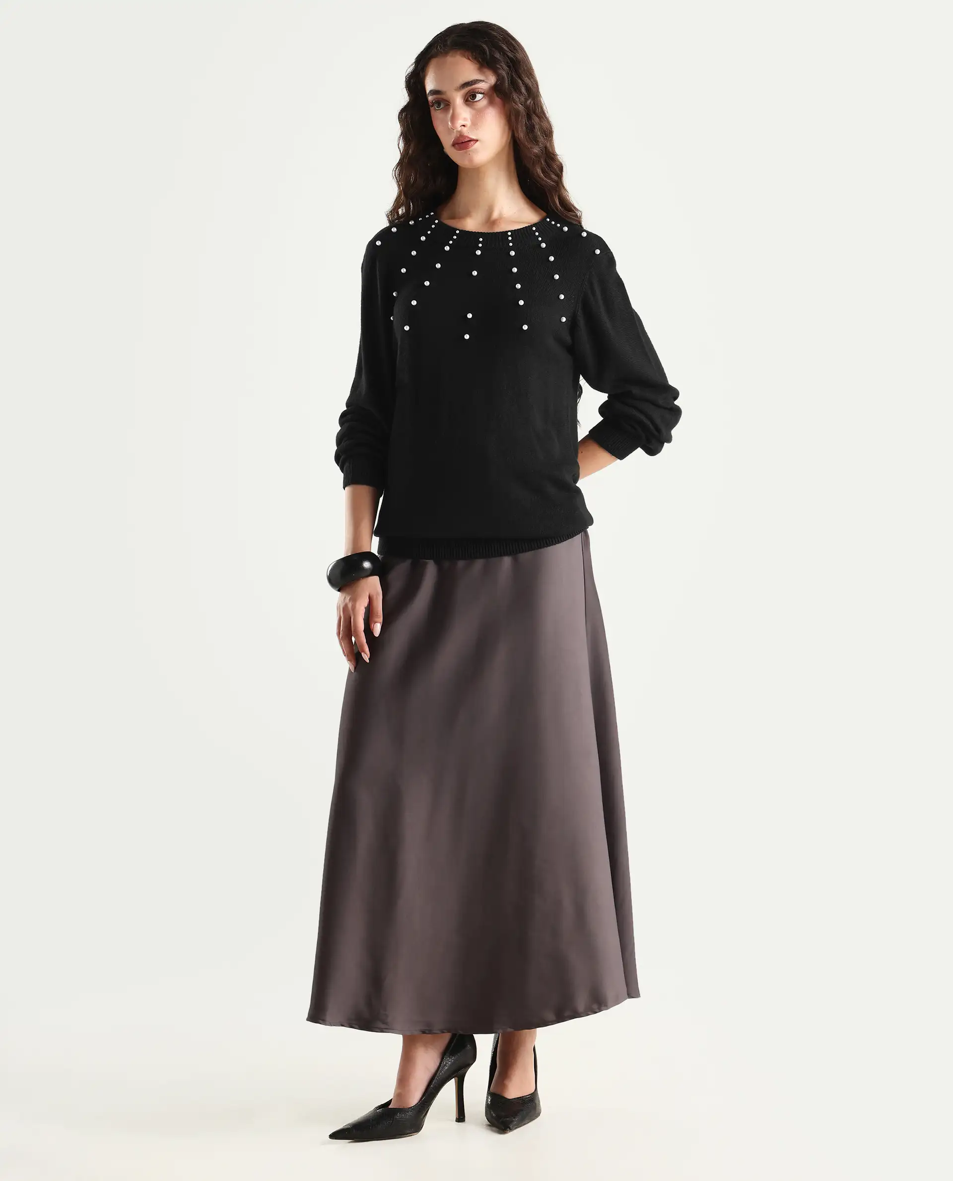 Rareism Women's Junich Black Viscose Crew Neck Embellished Regular Fit Sweater - Image 2