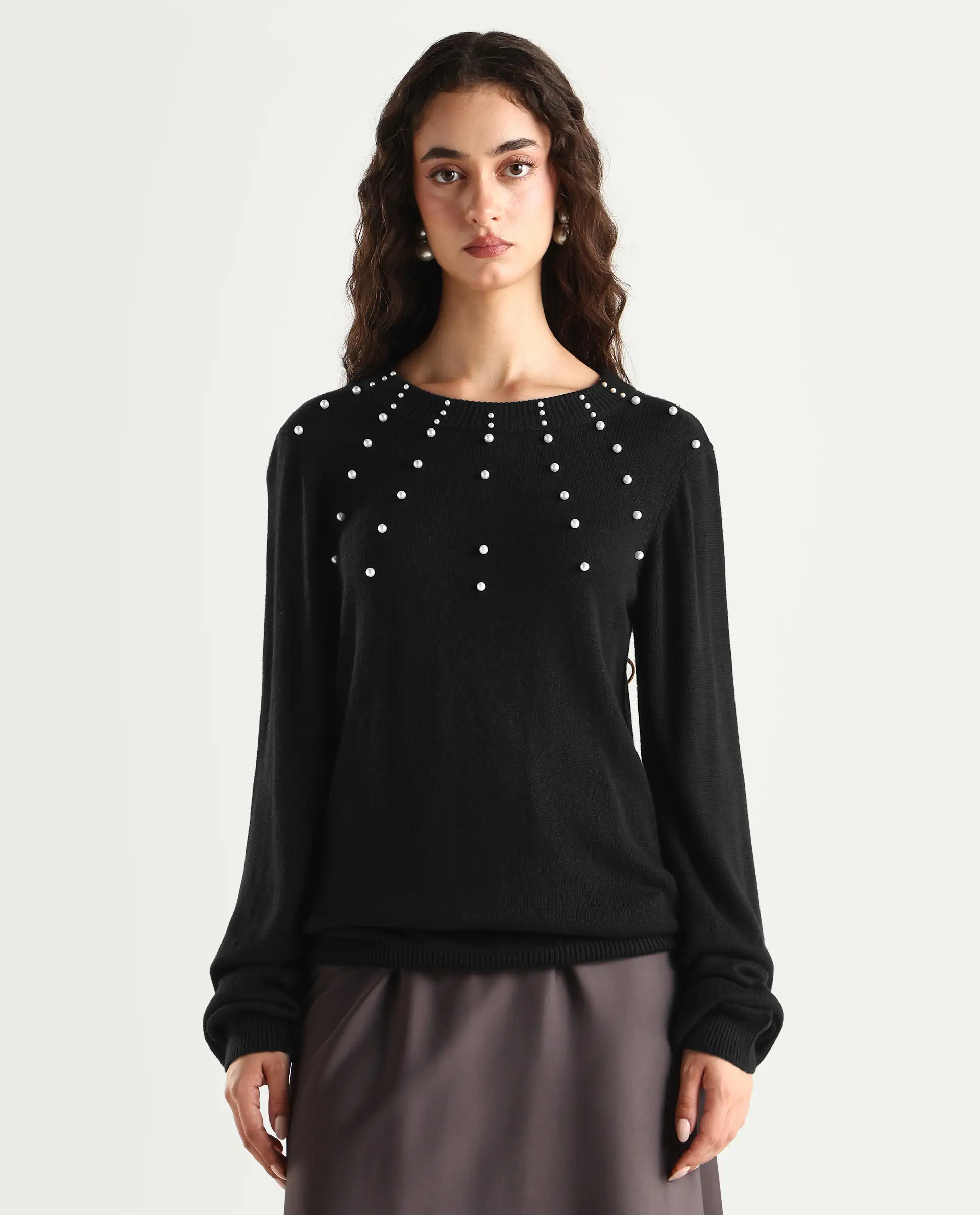 Rareism Women's Junich Black Viscose Crew Neck Embellished Regular Fit Sweater - Image 3