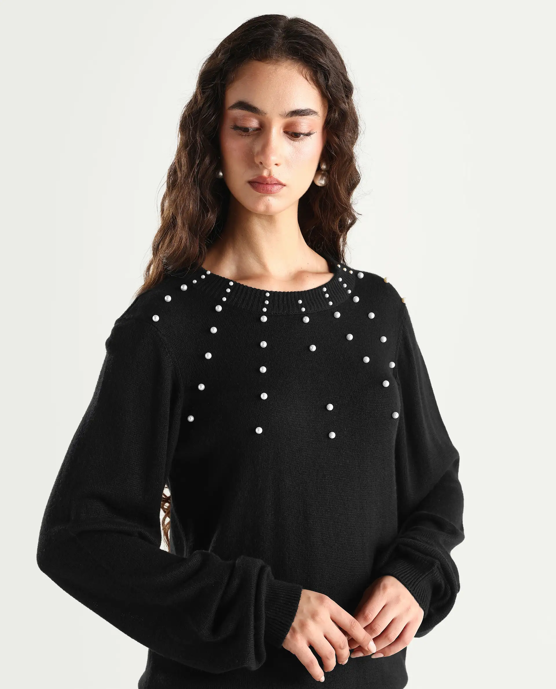 Rareism Women's Junich Black Viscose Crew Neck Embellished Regular Fit Sweater - Image 4