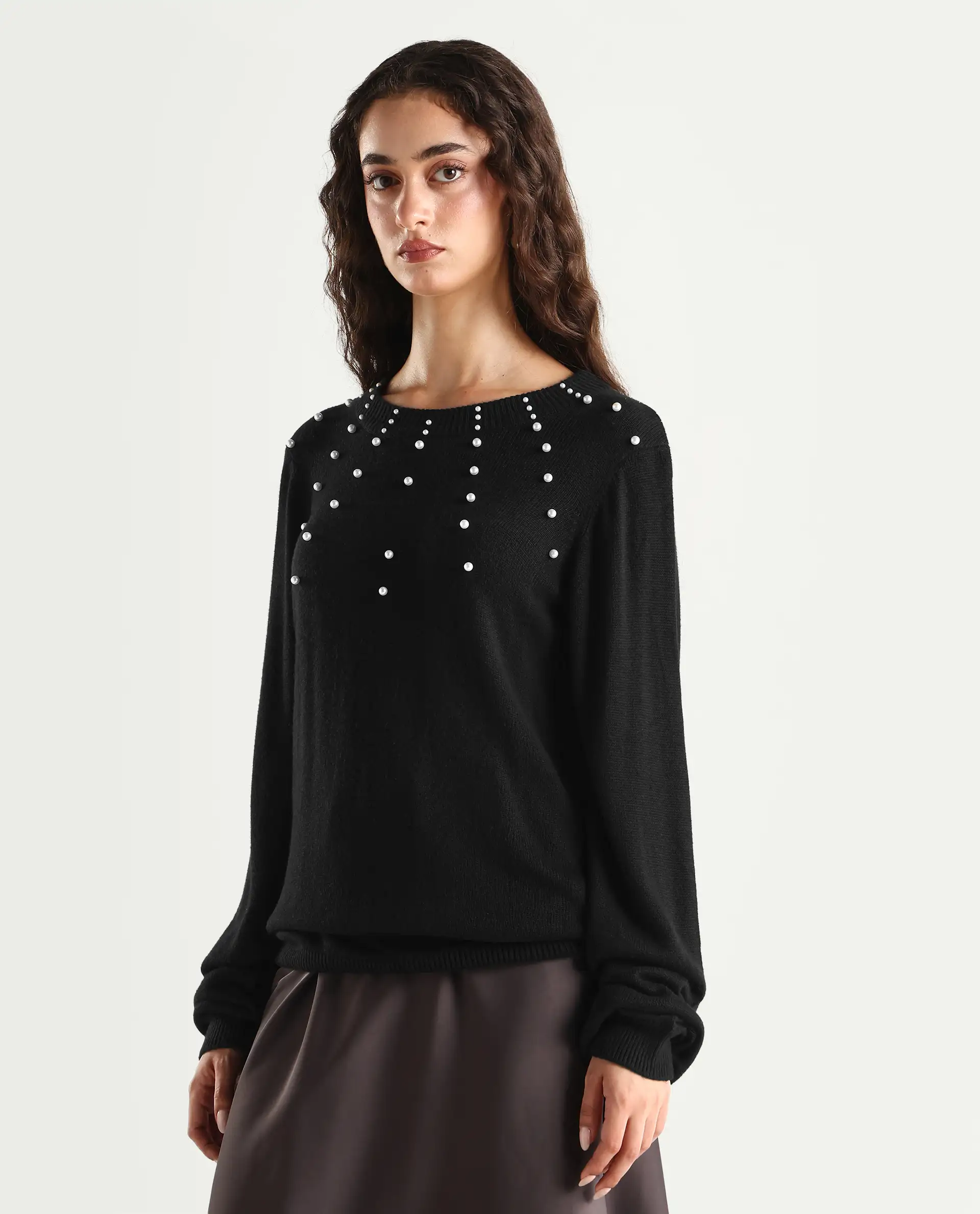 Rareism Women's Junich Black Viscose Crew Neck Embellished Regular Fit Sweater - Image 5