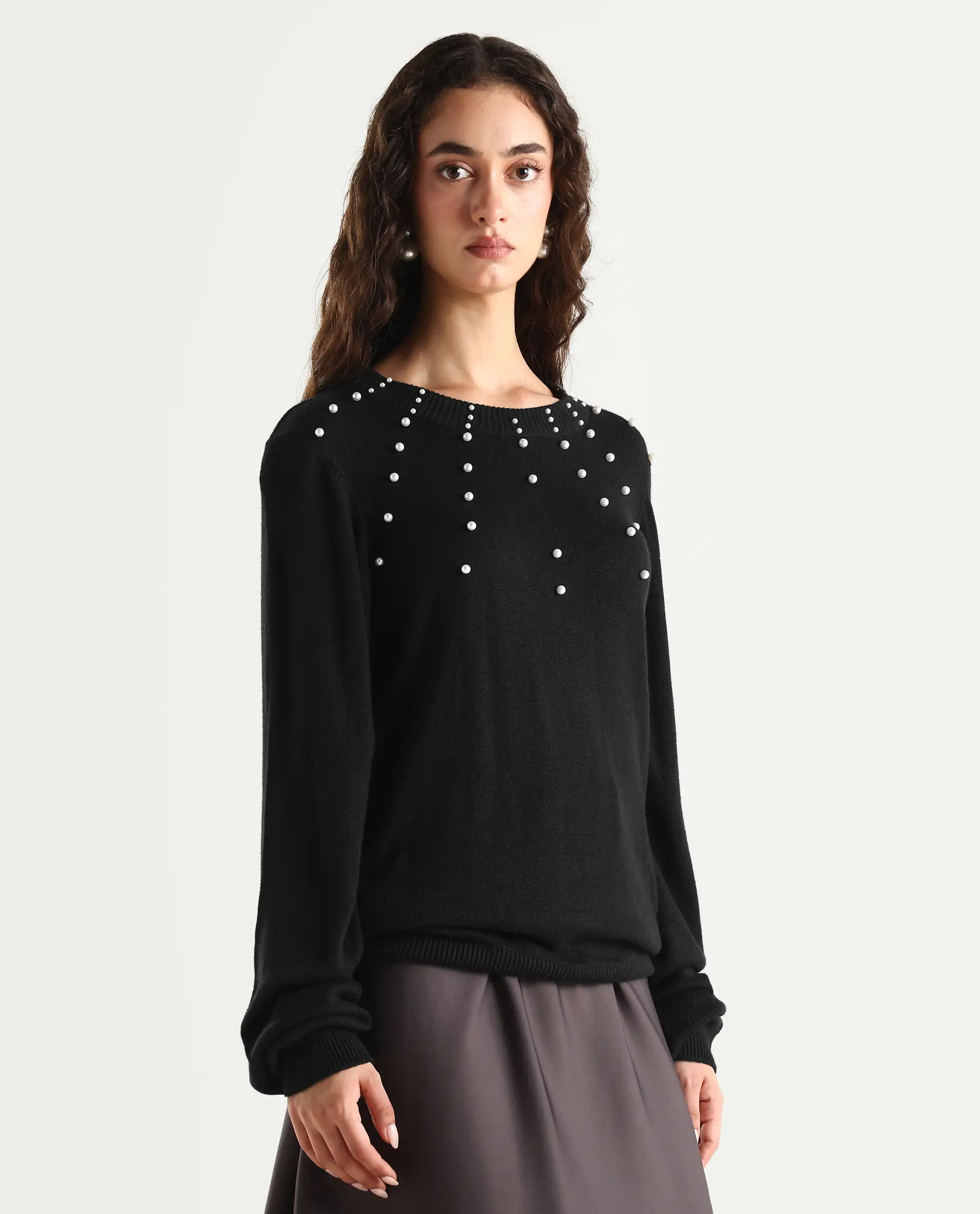 Rareism Women's Junich Black Viscose Crew Neck Embellished Regular Fit Sweater - Image 6