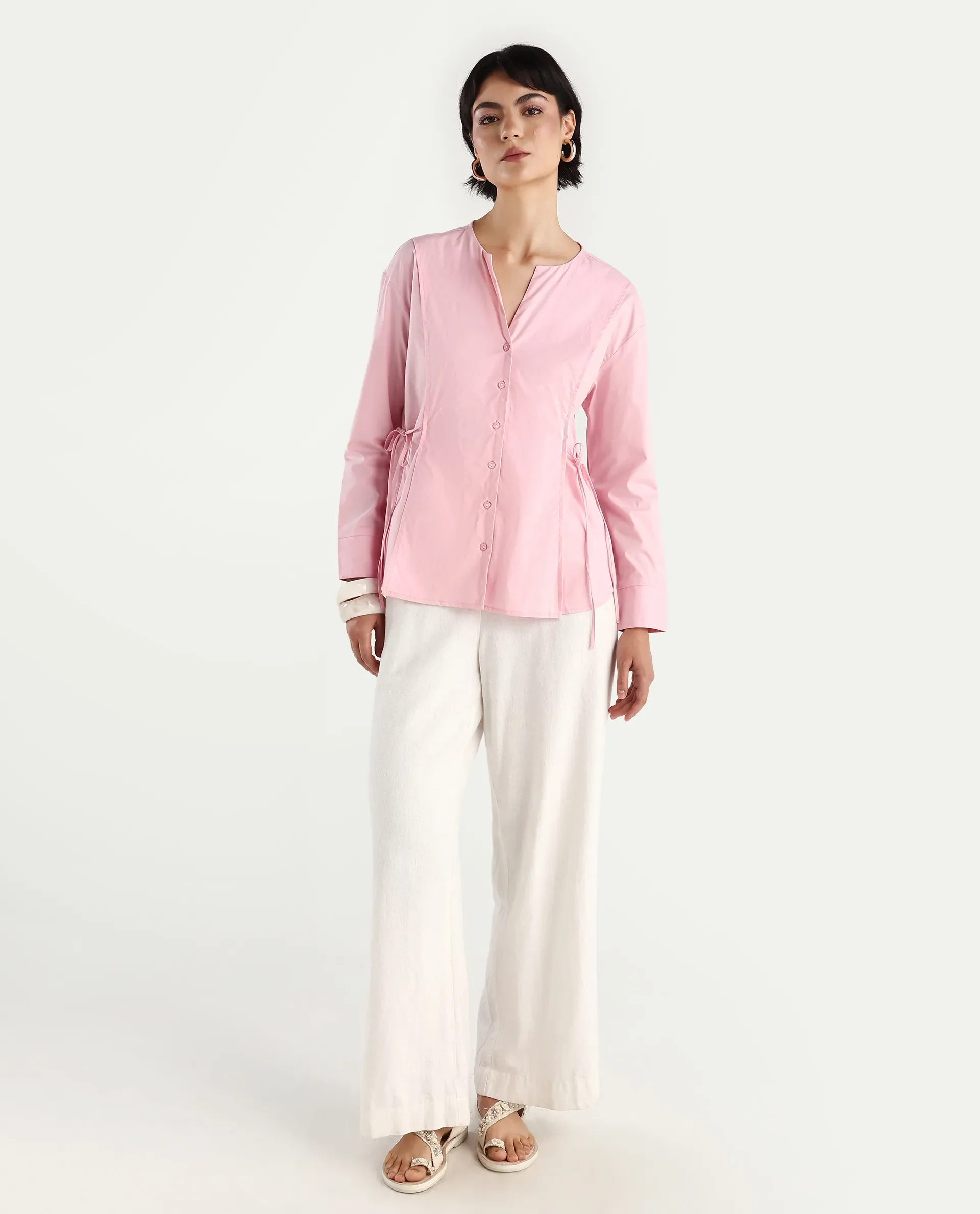 Rareism Women's Juniv Light Pink Cotton Blend Crew Neck Plain Cuffed Sleeve Regular Fit Top - Image 2