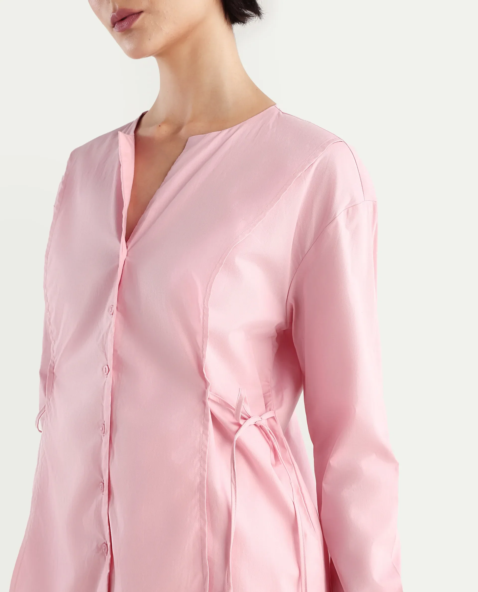 Rareism Women's Juniv Light Pink Cotton Blend Crew Neck Plain Cuffed Sleeve Regular Fit Top - Image 3
