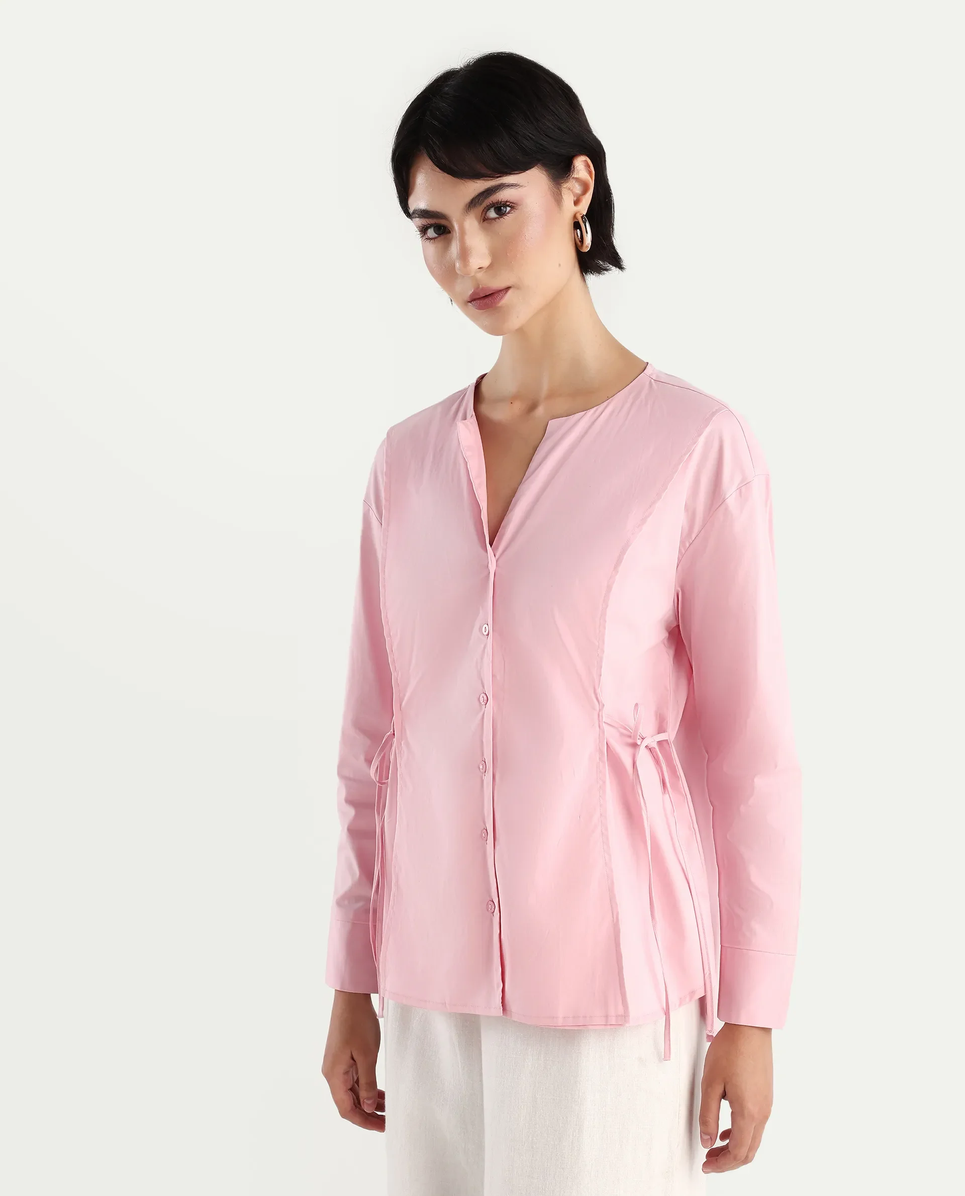 Rareism Women's Juniv Light Pink Cotton Blend Crew Neck Plain Cuffed Sleeve Regular Fit Top - Image 4