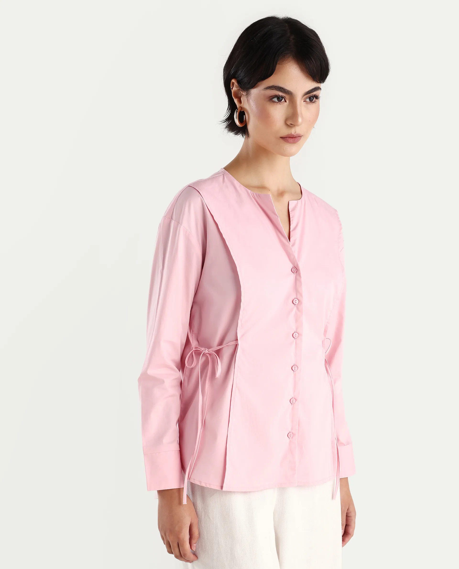 Rareism Women's Juniv Light Pink Cotton Blend Crew Neck Plain Cuffed Sleeve Regular Fit Top - Image 5