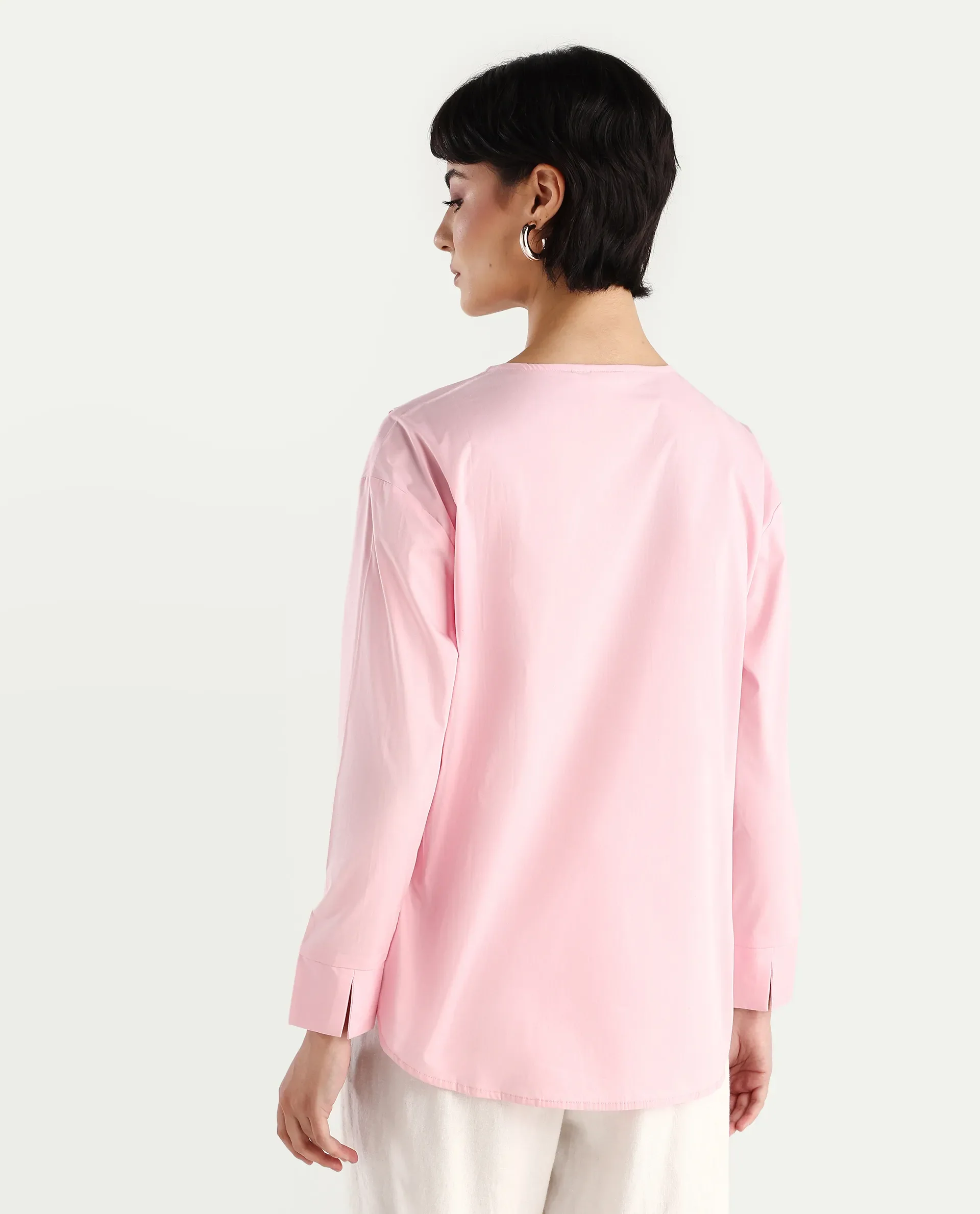 Rareism Women's Juniv Light Pink Cotton Blend Crew Neck Plain Cuffed Sleeve Regular Fit Top - Image 6