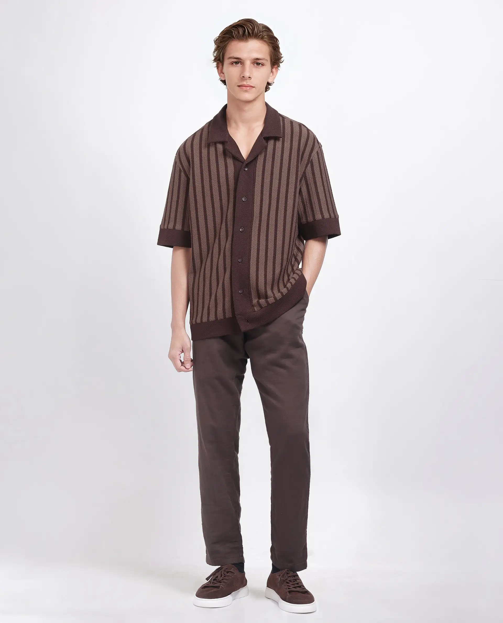 Rare Rabbit Men's Juno Dark Brown Cotton Striped Print Boxy Fit Half Sleeve Cuban Collar Shirt - Image 2