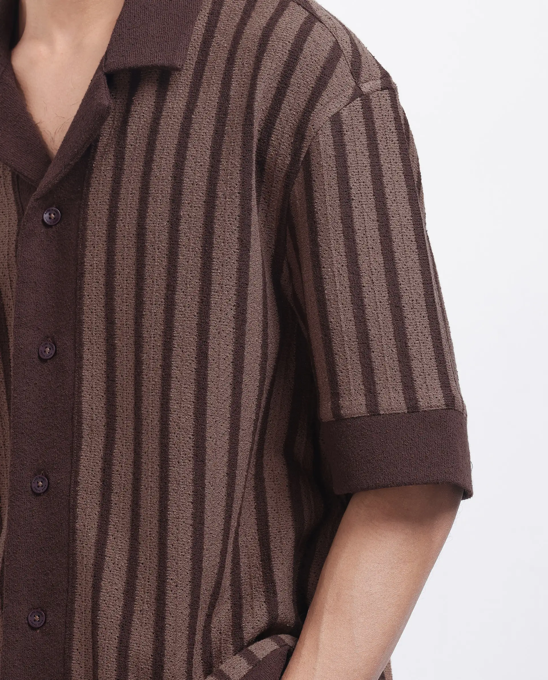 Rare Rabbit Men's Juno Dark Brown Cotton Striped Print Boxy Fit Half Sleeve Cuban Collar Shirt - Image 3