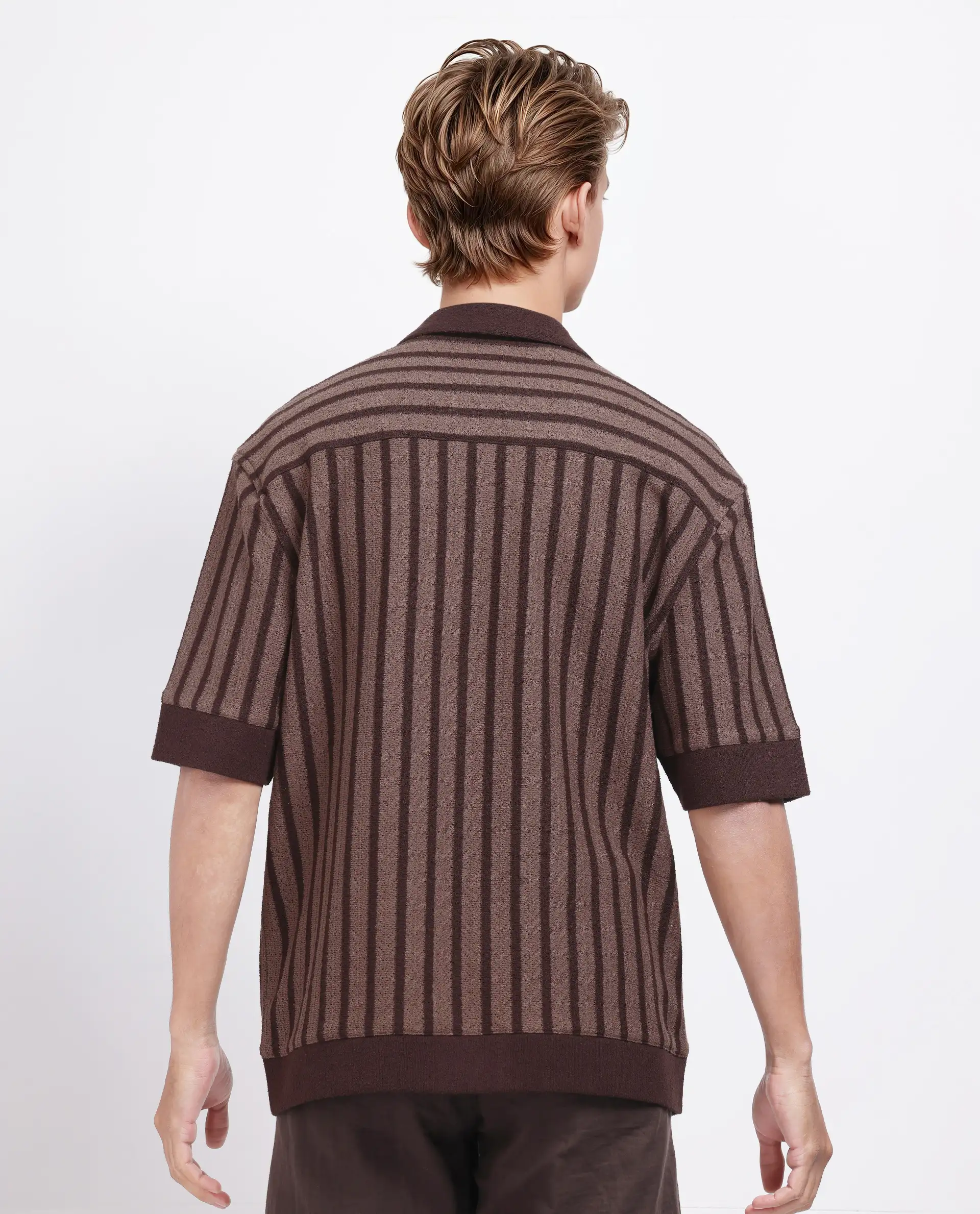 Rare Rabbit Men's Juno Dark Brown Cotton Striped Print Boxy Fit Half Sleeve Cuban Collar Shirt - Image 4