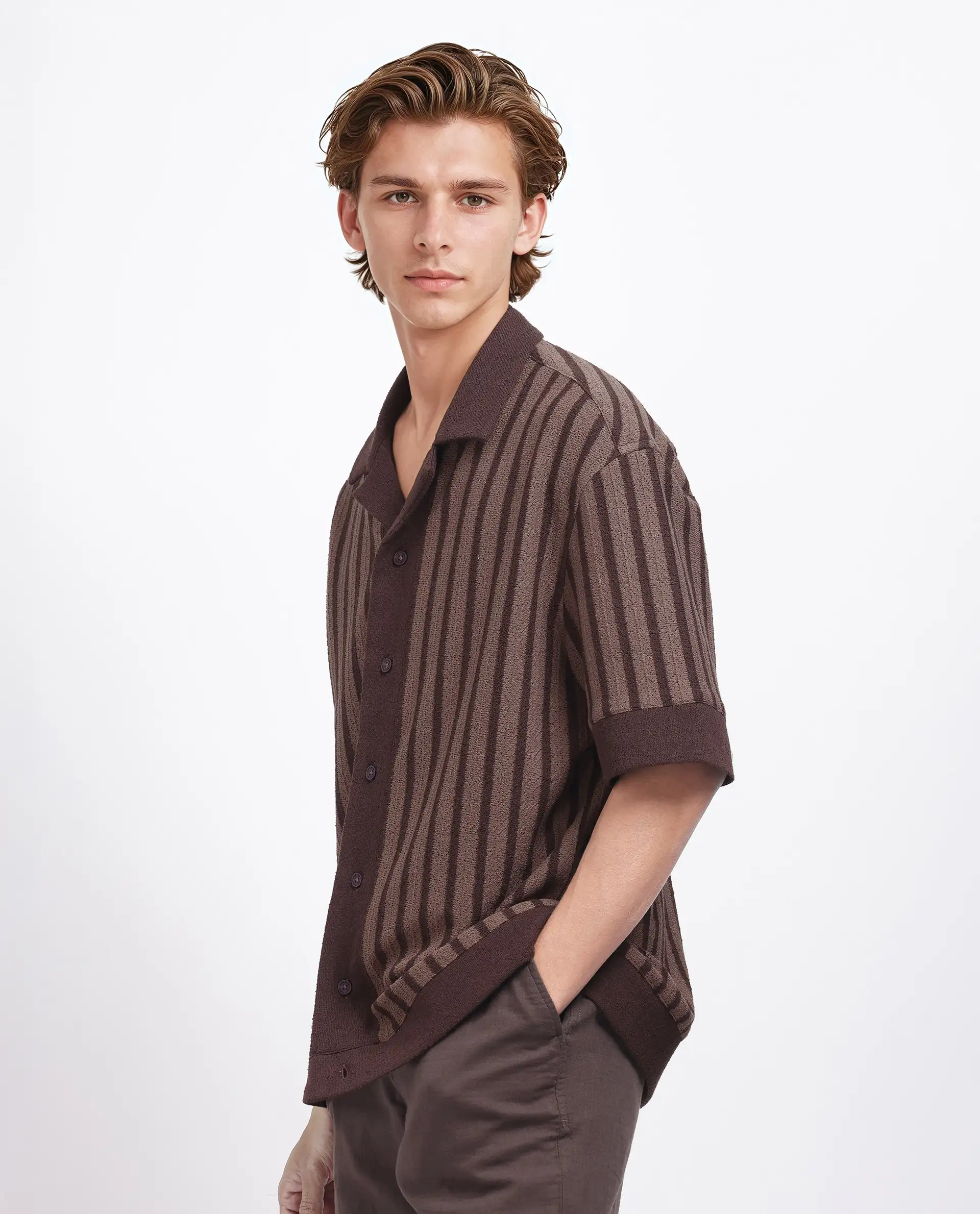 Rare Rabbit Men's Juno Dark Brown Cotton Striped Print Boxy Fit Half Sleeve Cuban Collar Shirt - Image 5