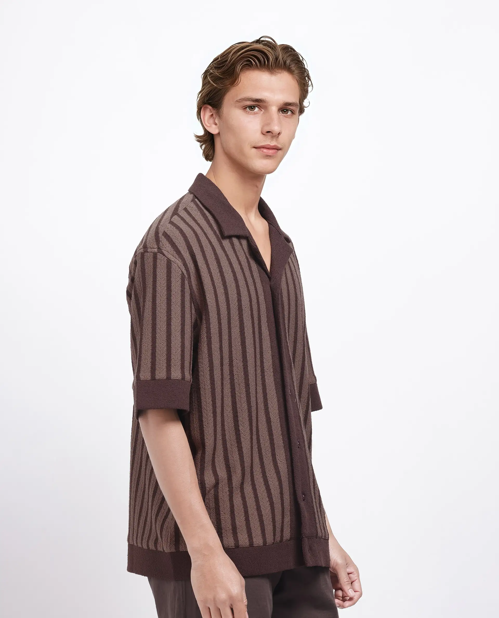 Rare Rabbit Men's Juno Dark Brown Cotton Striped Print Boxy Fit Half Sleeve Cuban Collar Shirt - Image 6