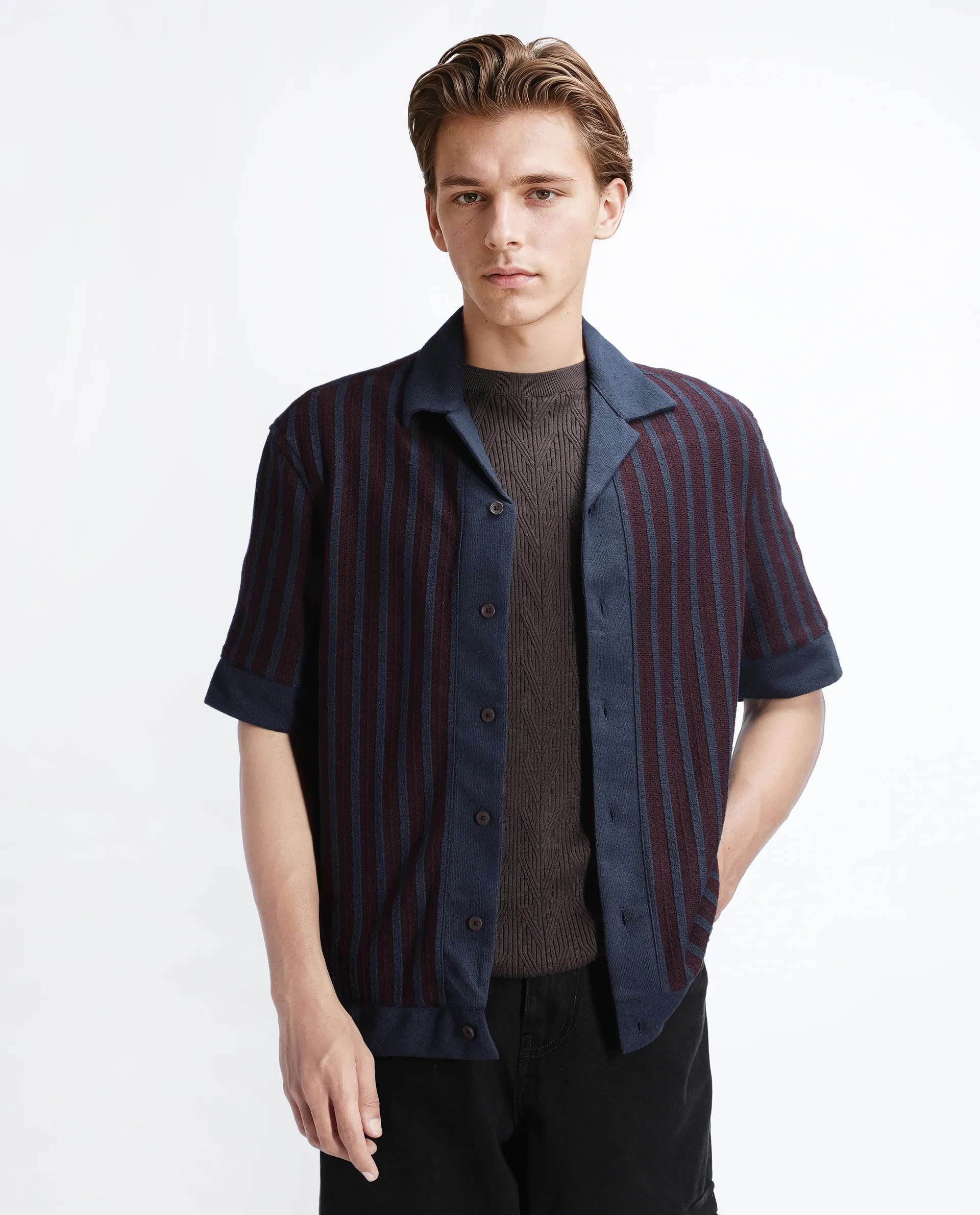 Rare Rabbit Men's Juno Dark Maroon Cotton Textured Boxy Fit Half Sleeve Cuban Collar Shirt