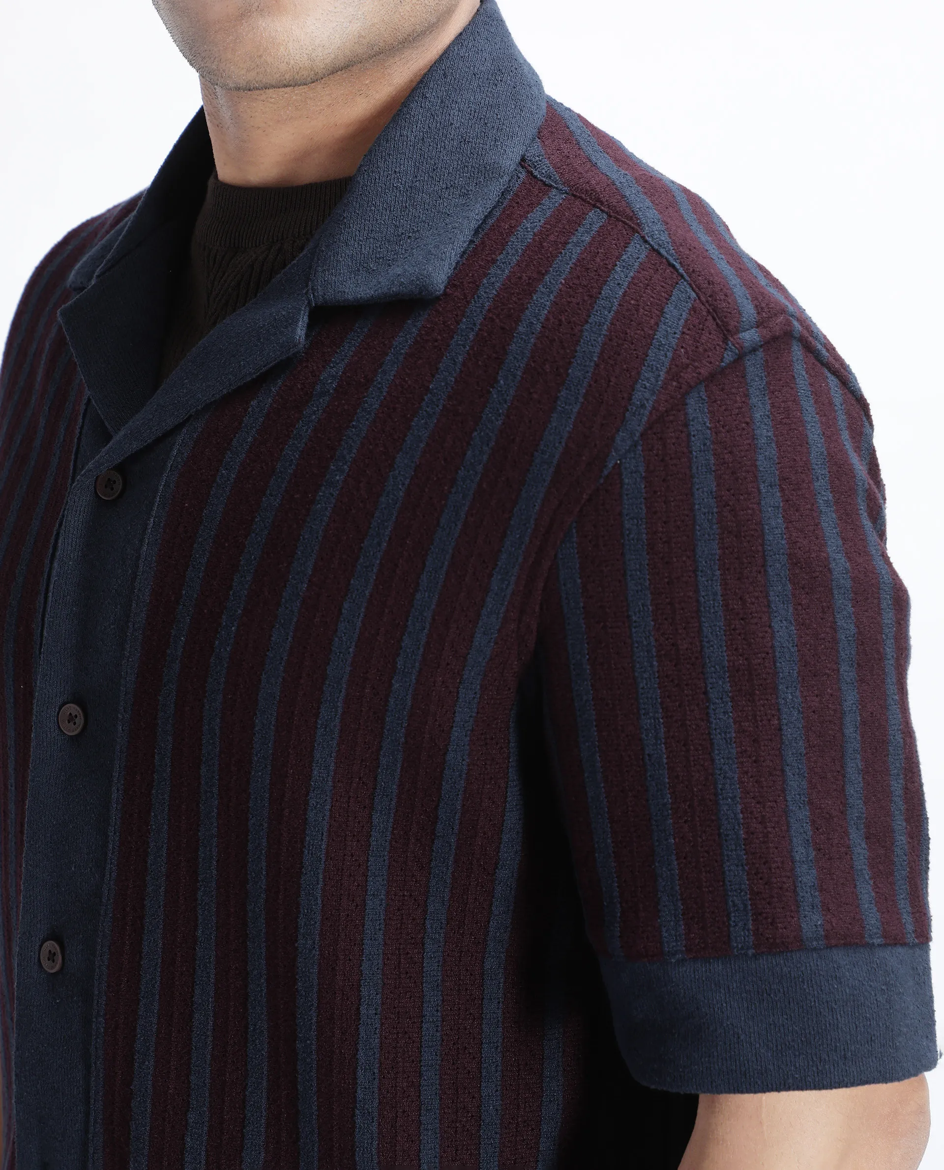 Rare Rabbit Men's Juno Dark Maroon Cotton Textured Boxy Fit Half Sleeve Cuban Collar Shirt - Image 3