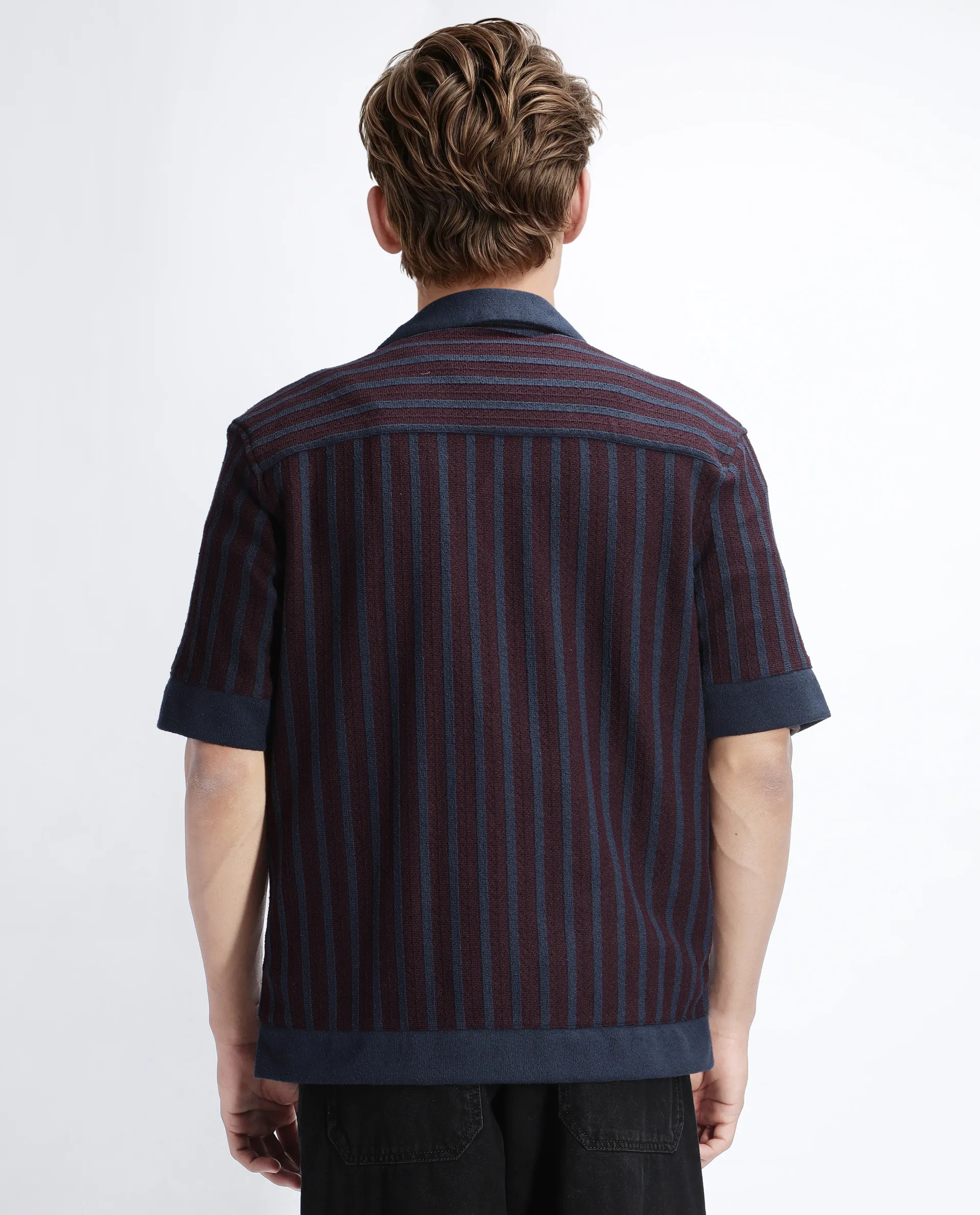 Rare Rabbit Men's Juno Dark Maroon Cotton Textured Boxy Fit Half Sleeve Cuban Collar Shirt - Image 4