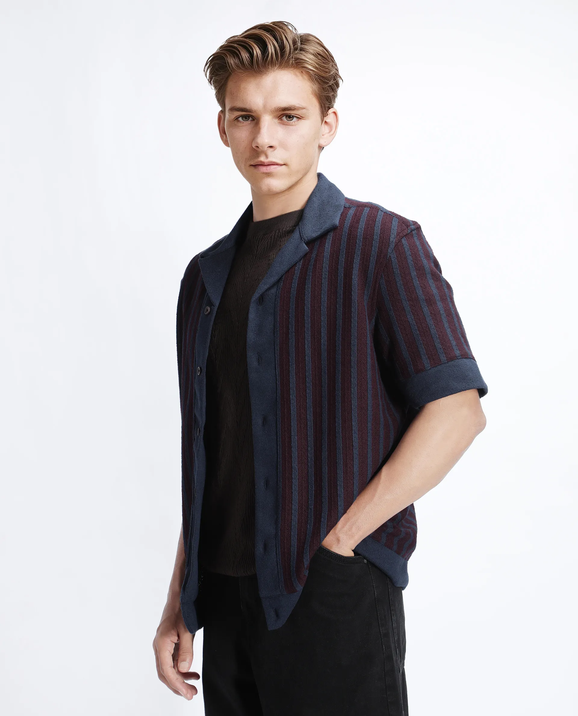 Rare Rabbit Men's Juno Dark Maroon Cotton Textured Boxy Fit Half Sleeve Cuban Collar Shirt - Image 5