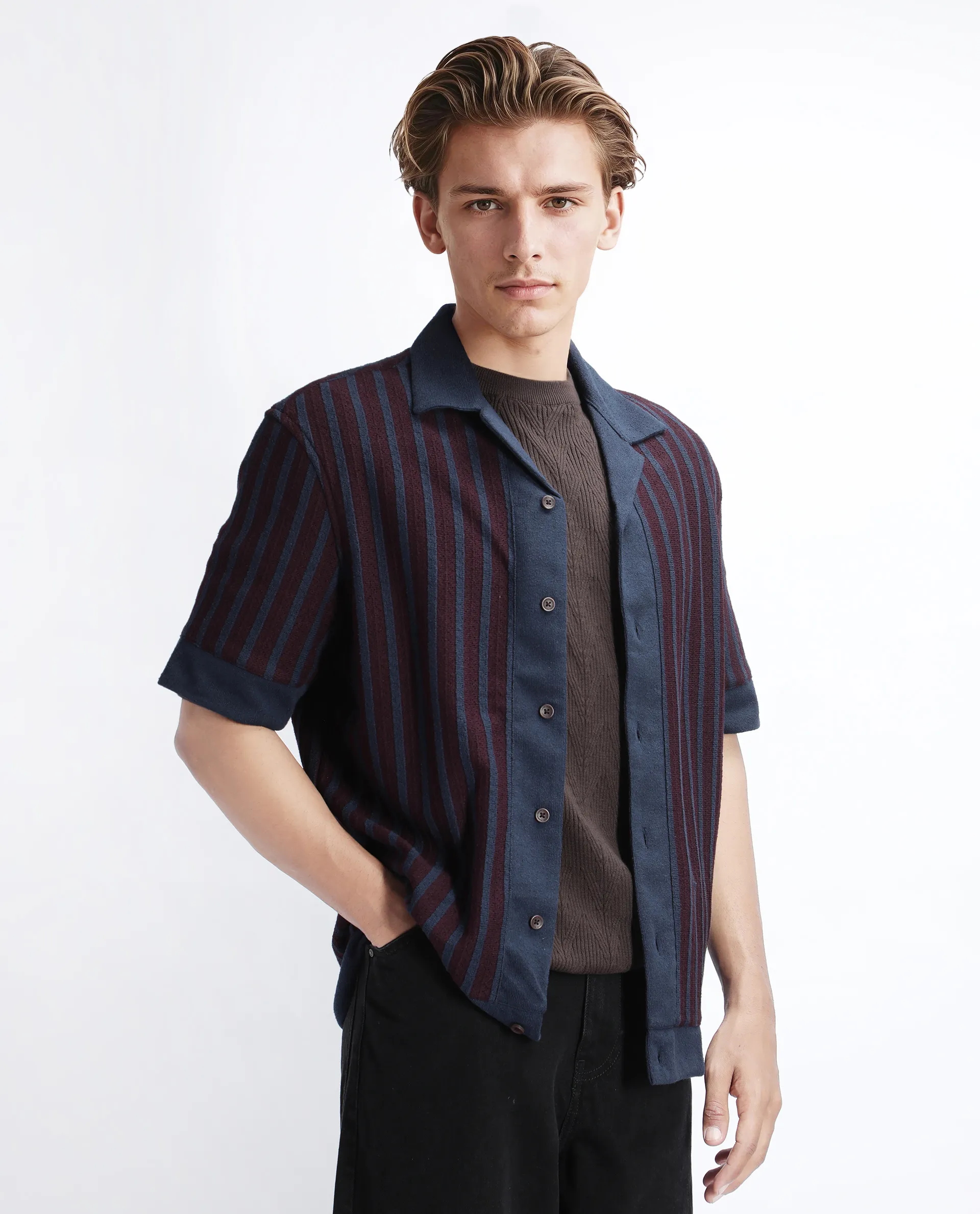 Rare Rabbit Men's Juno Dark Maroon Cotton Textured Boxy Fit Half Sleeve Cuban Collar Shirt - Image 6