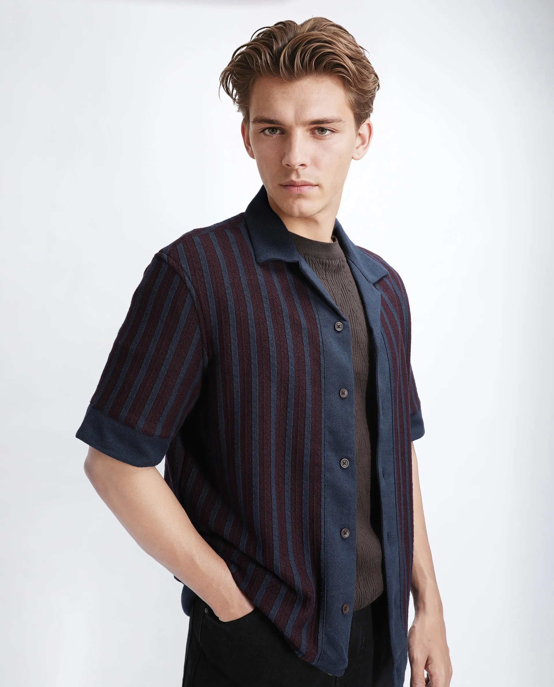 Rare Rabbit Men's Juno Dark Maroon Cotton Textured Boxy Fit Half Sleeve Cuban Collar Shirt - Image 7